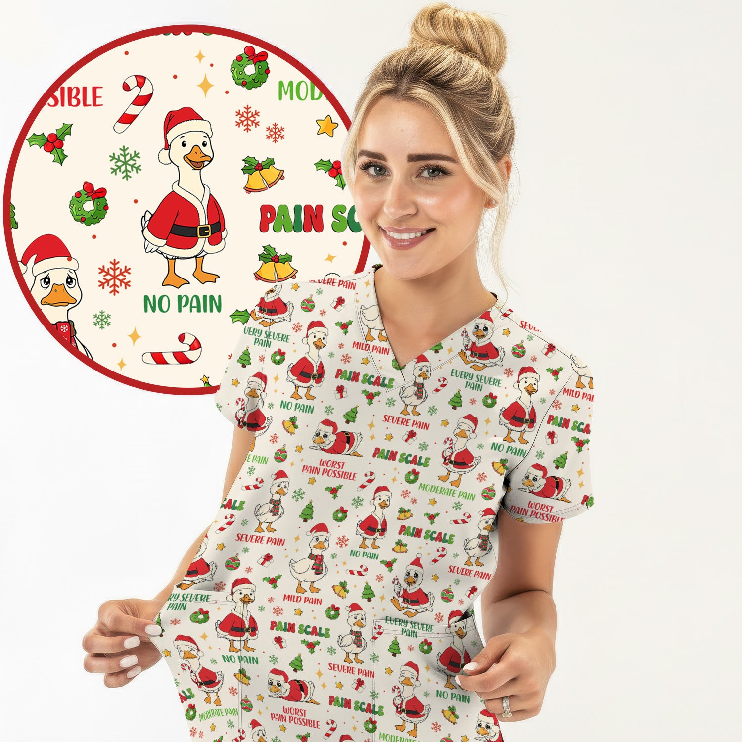 Funny Goose Christmas Scrub Top - Pain Scale Nurse Pattern Shirt - Cute Holiday Medical Scrubs for Women