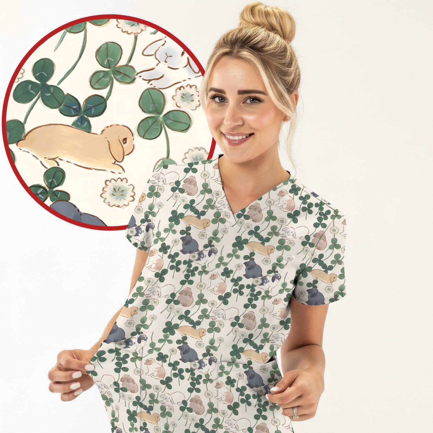 Cute Bunny Clover Garden Meadow Pattern Nurse Scrub Top, Comfortable Scrubs for Nurses