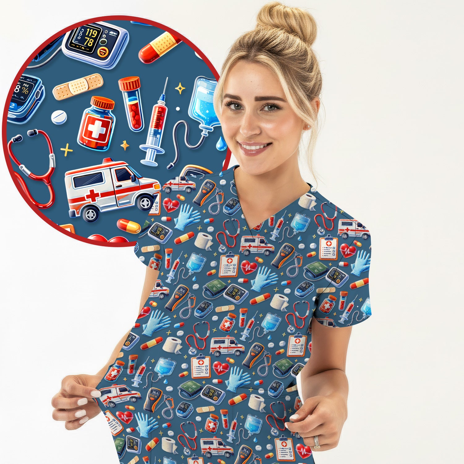 Medical Tools Pattern Ambulance Stethoscope Scrub Top, Comfortable Scrubs for Nurses