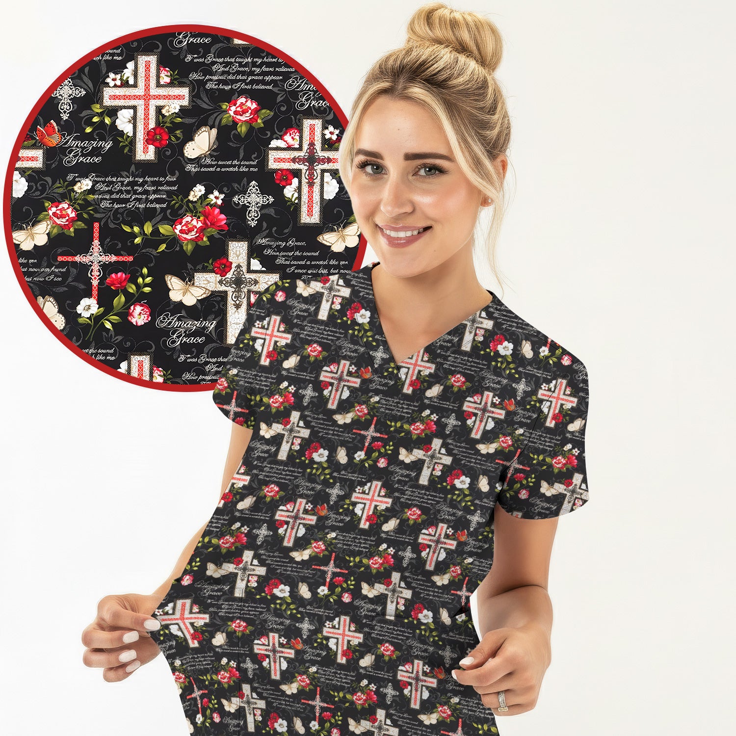 Christian Cross Roses And Butterflies Print Scrub Top, Comfortable Scrubs for Nurses