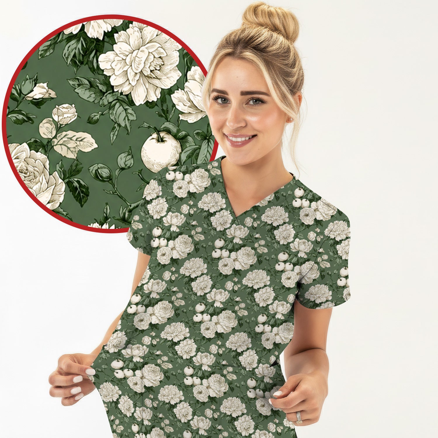 Elegant White Rose Garden Pattern Scrub Top, Comfortable Scrubs for Nurses