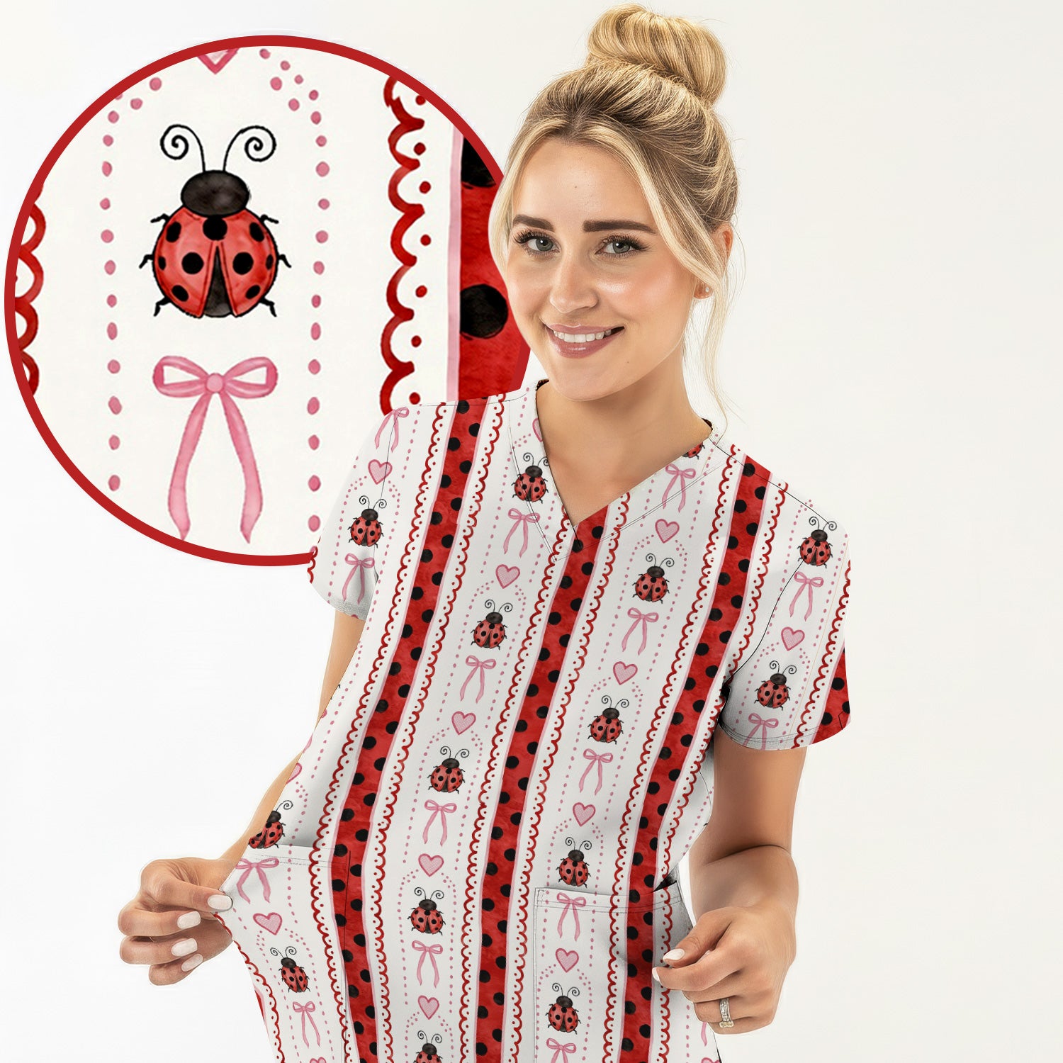 Cute Ladybug Heart Bow Stripe Pattern Scrub Top, Red Polka Dot Nurse Uniform