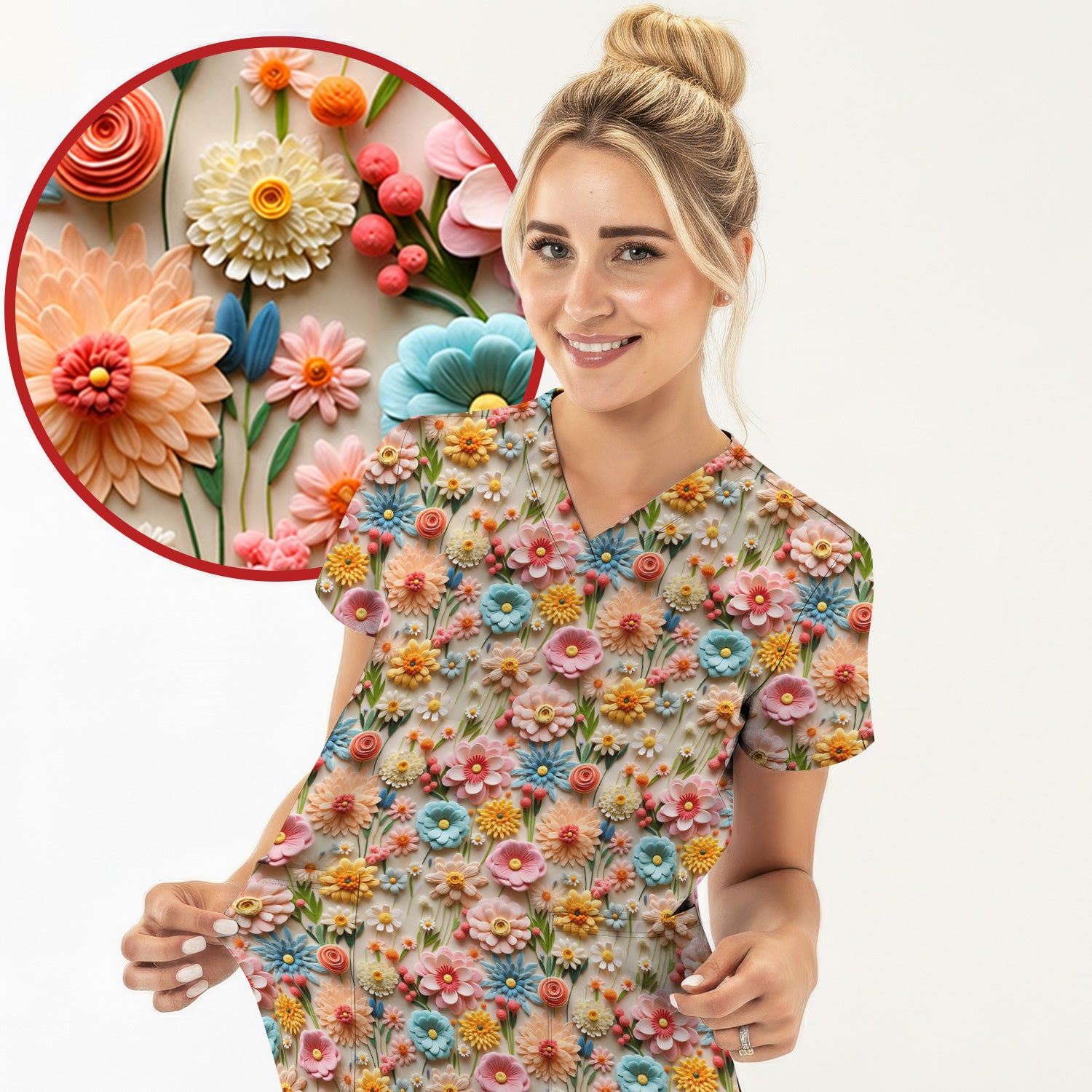 Colorful Blooming Wildflower Pattern Scrub Top, Comfortable Scrubs for Nurses