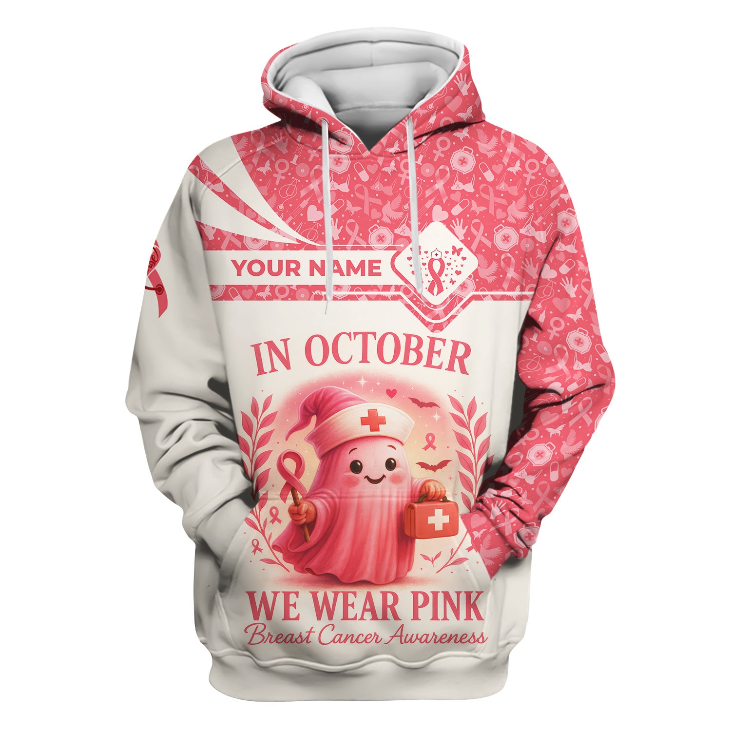 Personalized In October We Wear Pink Shirt - Breast Cancer Awareness Scrub Top - Cute Nurse Uniform Tee with Custom Name