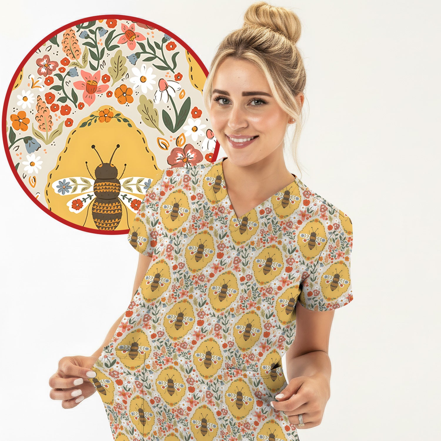 Vintage Honeybee Floral Garden Pattern Nurse Scrub Top, Breathable Fabrics Nursing Uniform