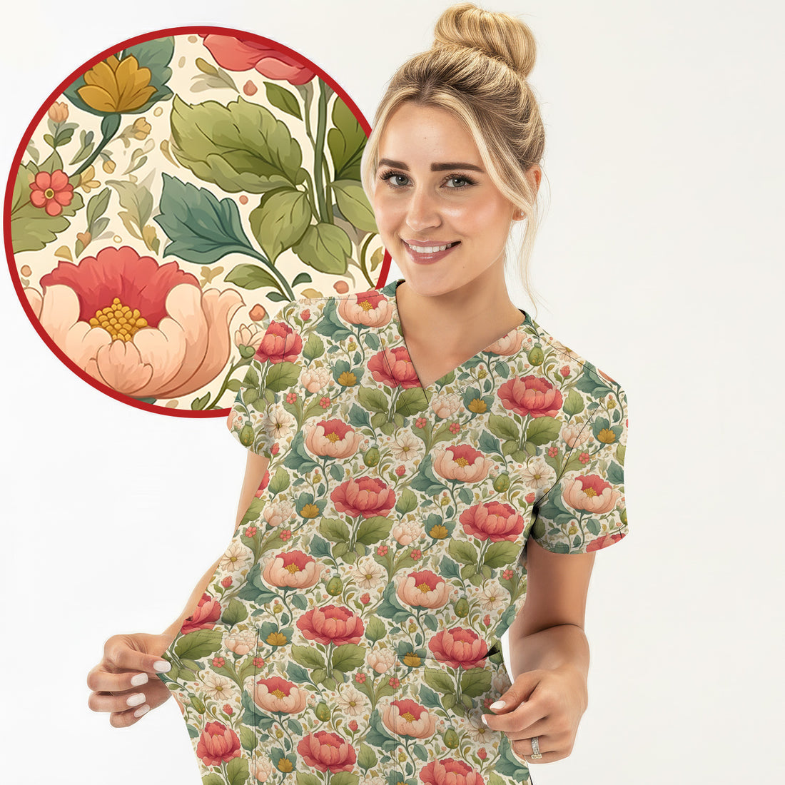 Vintage Botanical Peony Floral Pattern Scrub Top, Breathable Fabrics Nursing Uniform