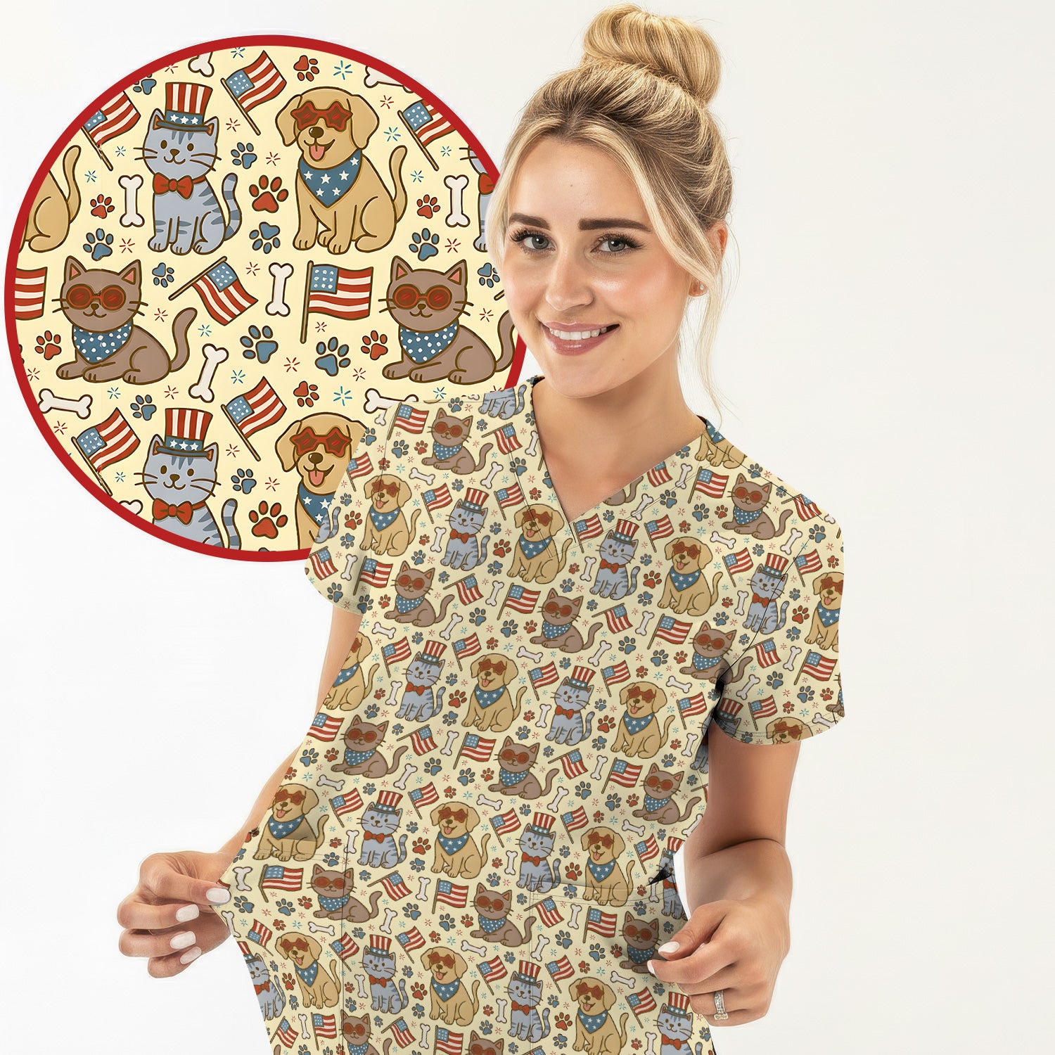 American Flag Patriotic Cat & Dog Pattern Scrub Top, Comfortable Scrubs for Nurses