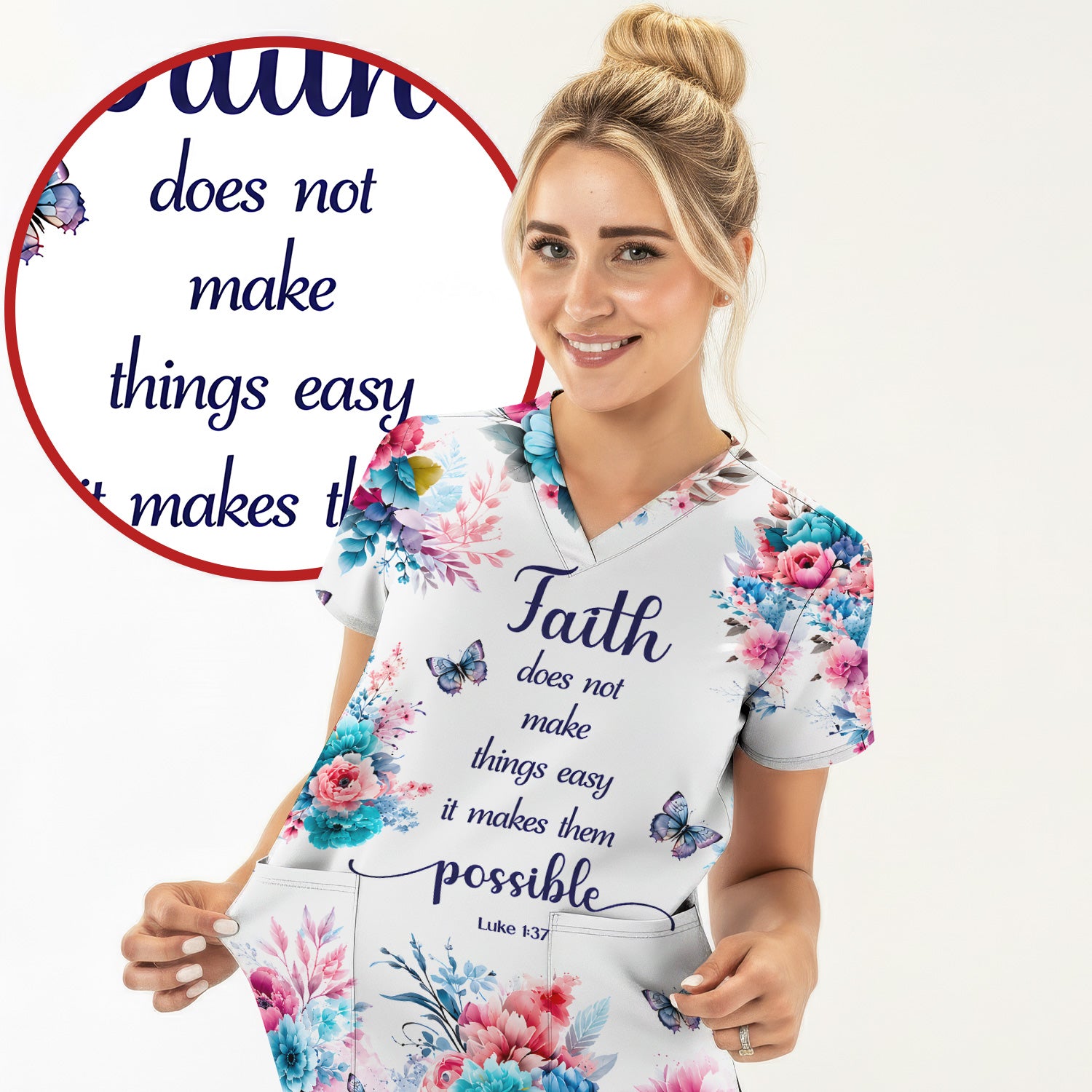 Inspirational Faith Floral Butterfly Pattern Scrub Top, Comfortable Scrubs for Nurses