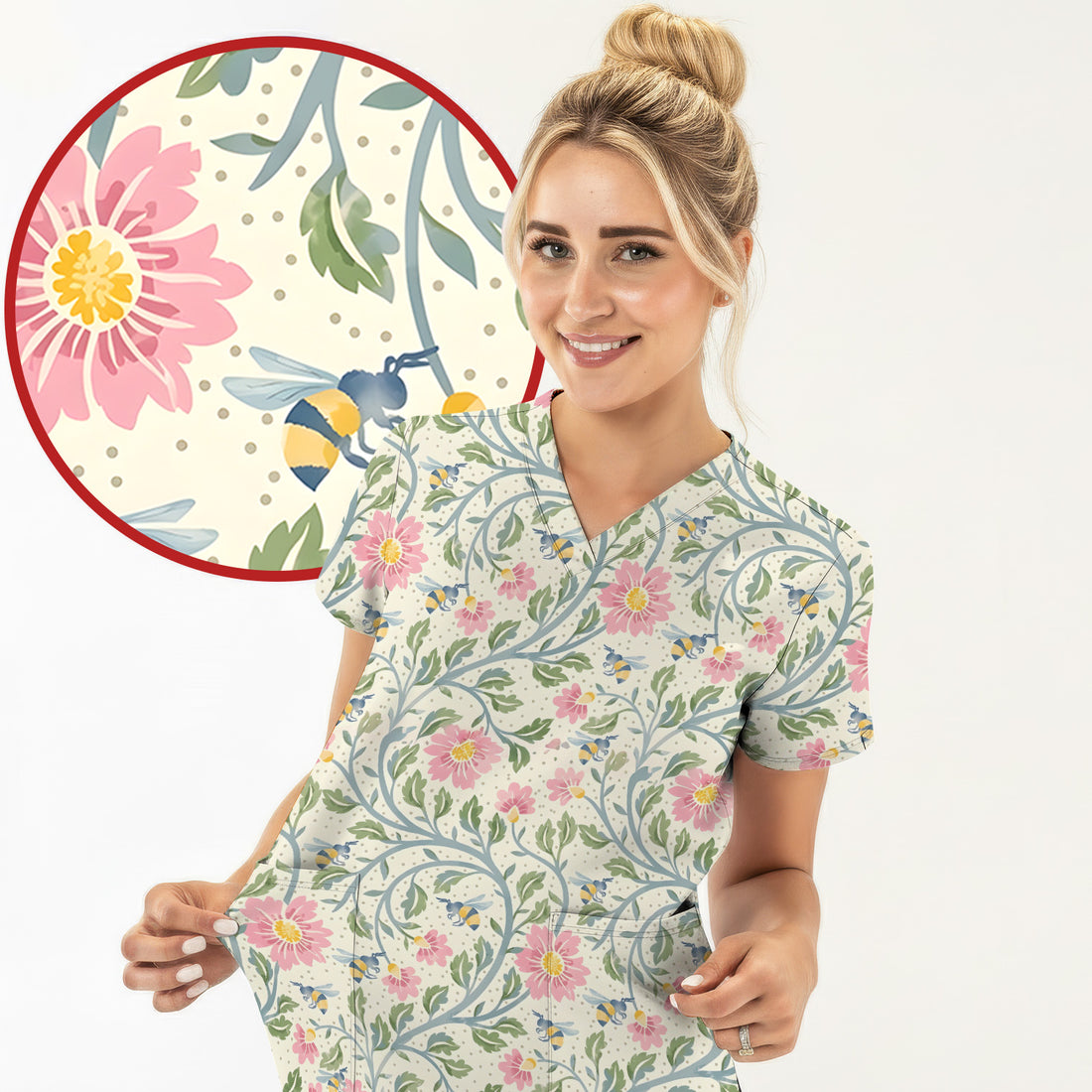 Cute Floral Bee Garden Nurse Pattern Scrub Top, Comfortable Scrubs for Nurses