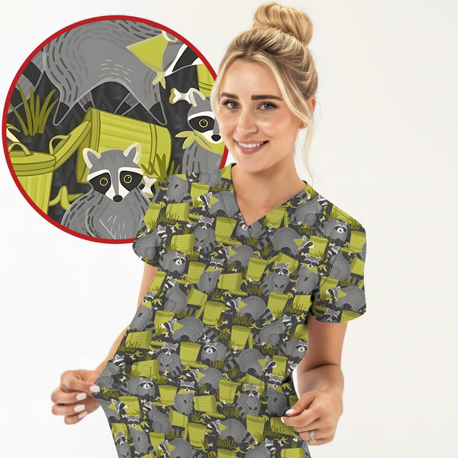 Cute Raccoon Trash Panda Pattern Scrub Top, Comfortable Scrubs for Nurses