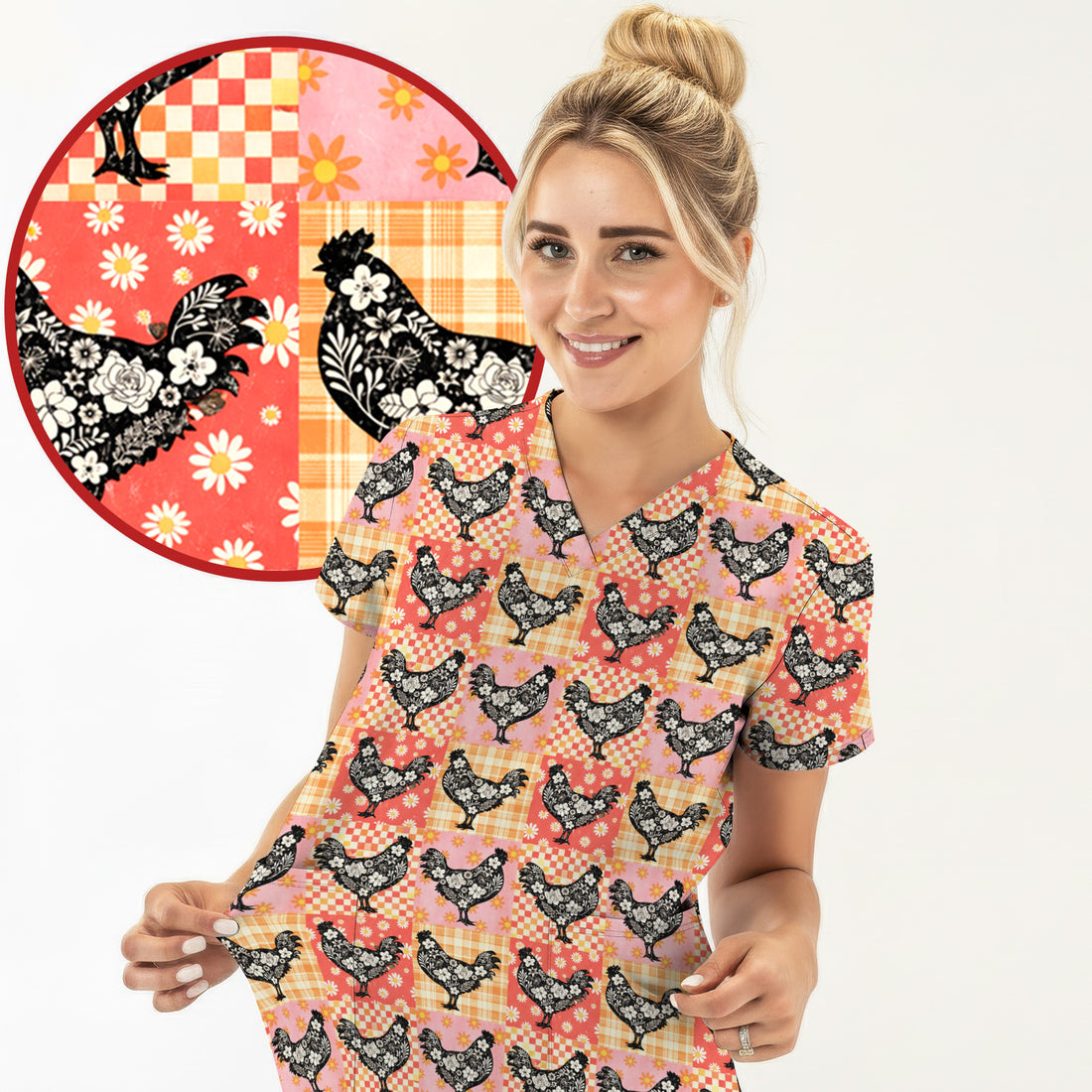 Cute Floral Chicken Patchwork Print Scrub Top, Comfortable Scrubs For Nurses