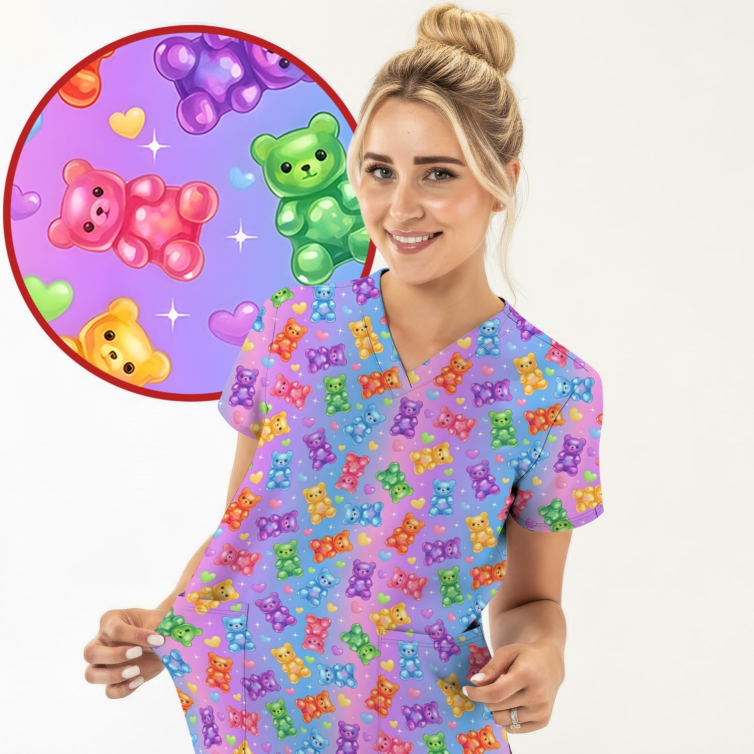 Colorful Gummy Bear Pattern Scrub Top, Breathable Fabrics Nursing Uniform