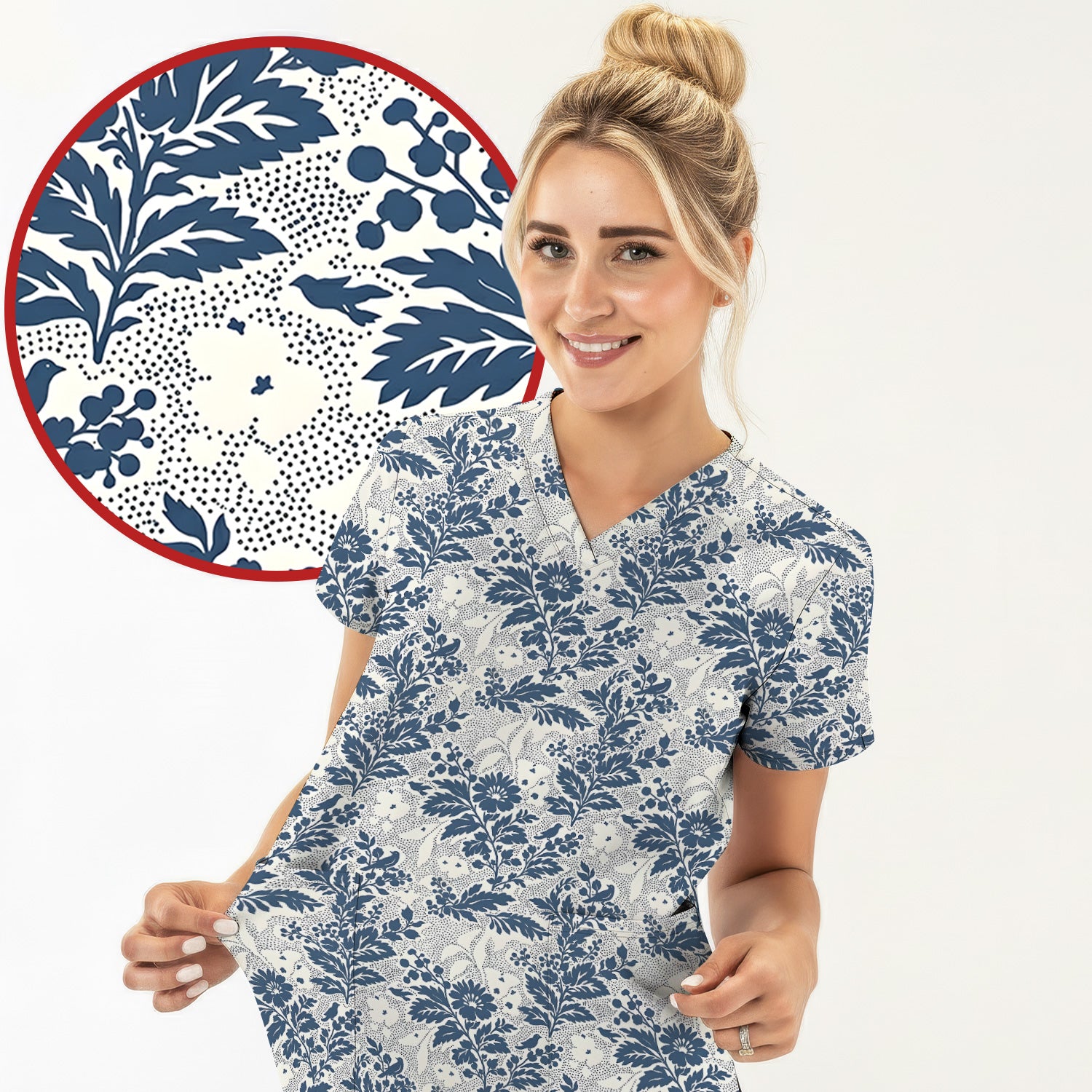 Cute Blue Floral Botanical Nurse Pattern Scrub Top, Breathable Fabrics Nursing Uniform