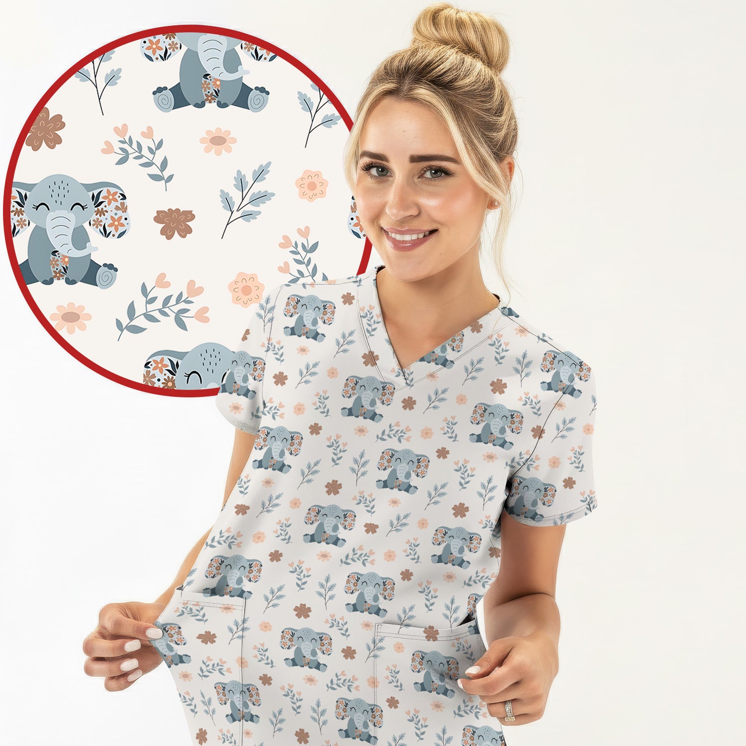 Cute Elephant Floral Print Scrub Top, Comfortable Scrubs for Nurses