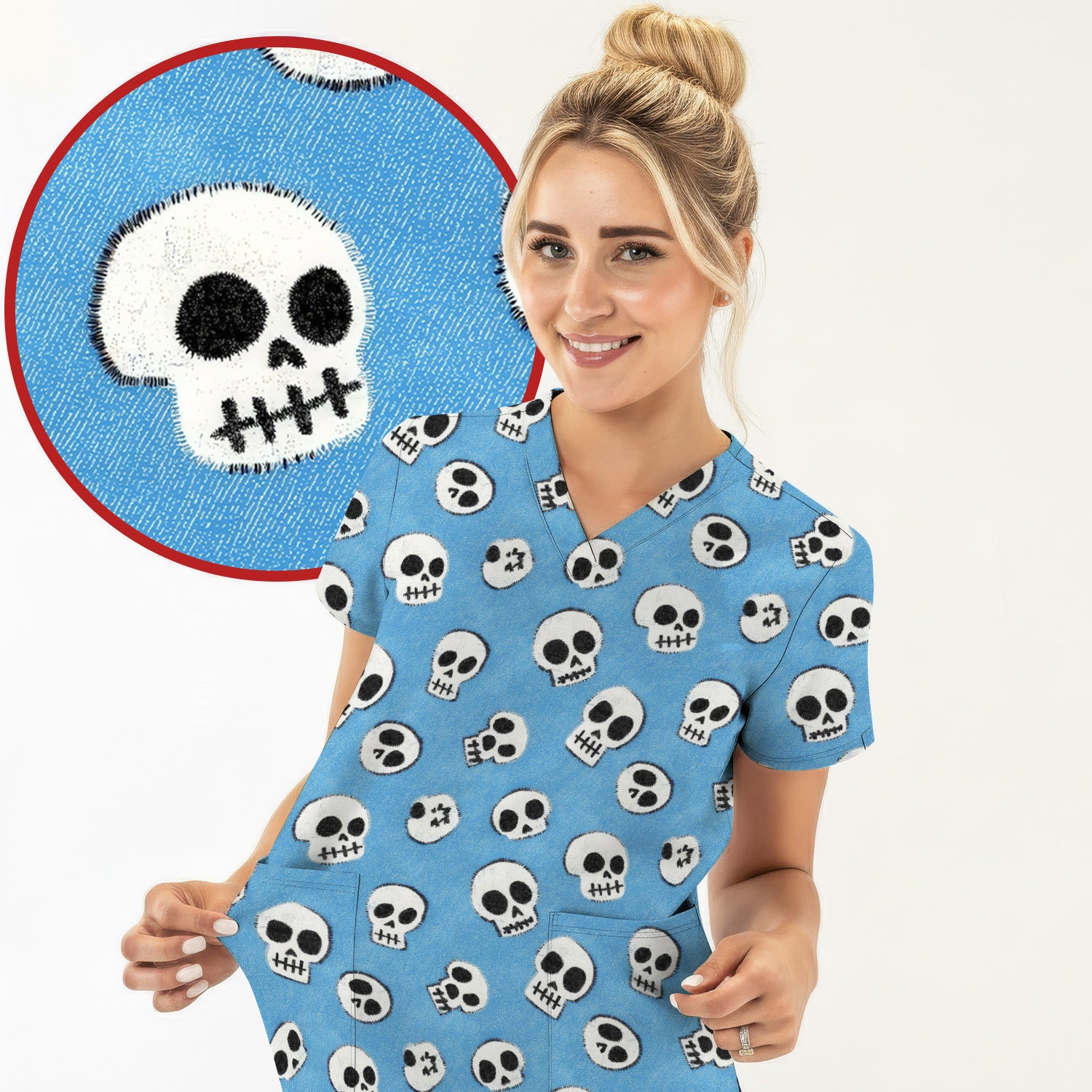 Blue Skull Halloween Pattern Scrub Top, Comfortable Scrubs for Nurses
