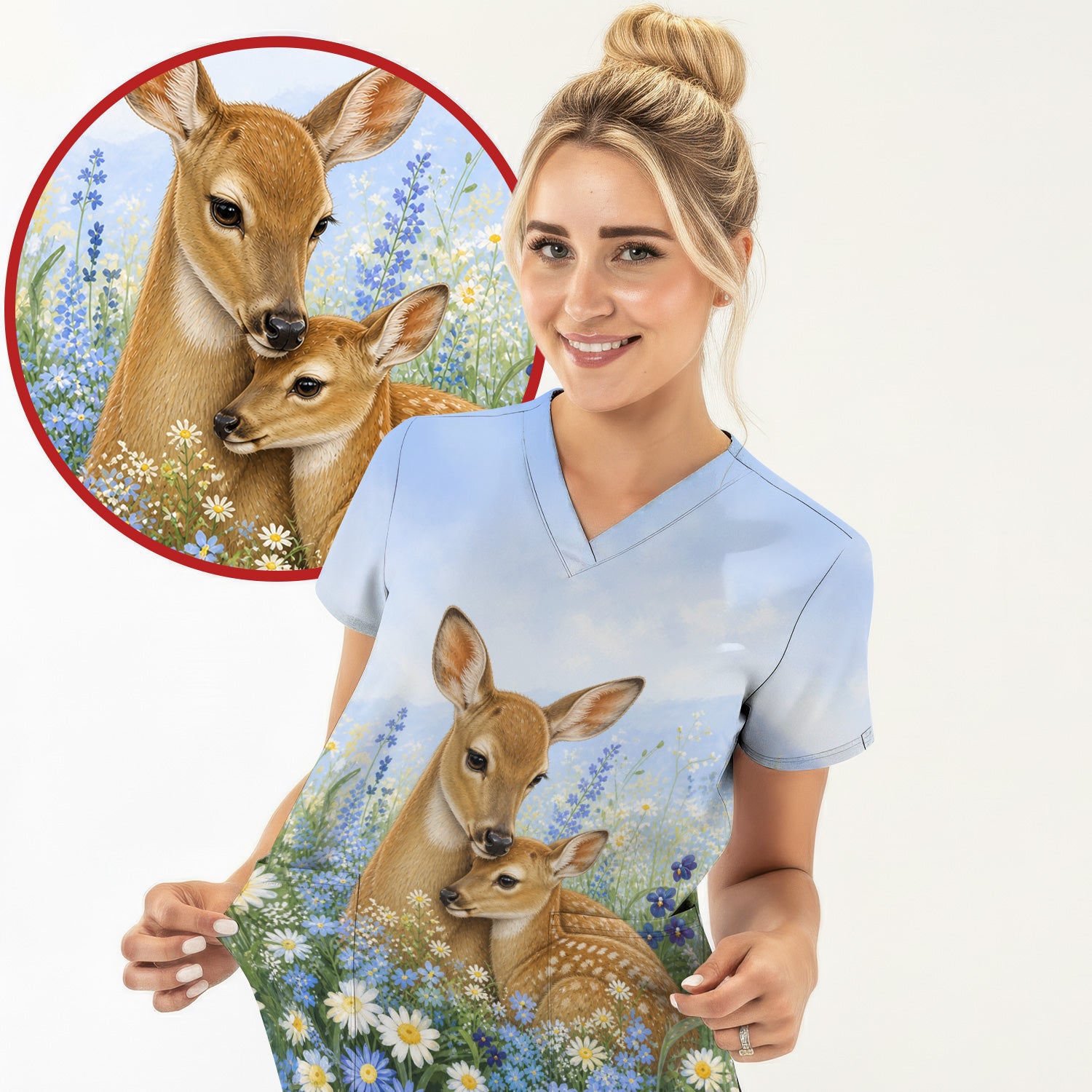 Cute Deer Mother Baby With Meadow Pattern Scrub Top, Comfortable Scrubs for Nurses