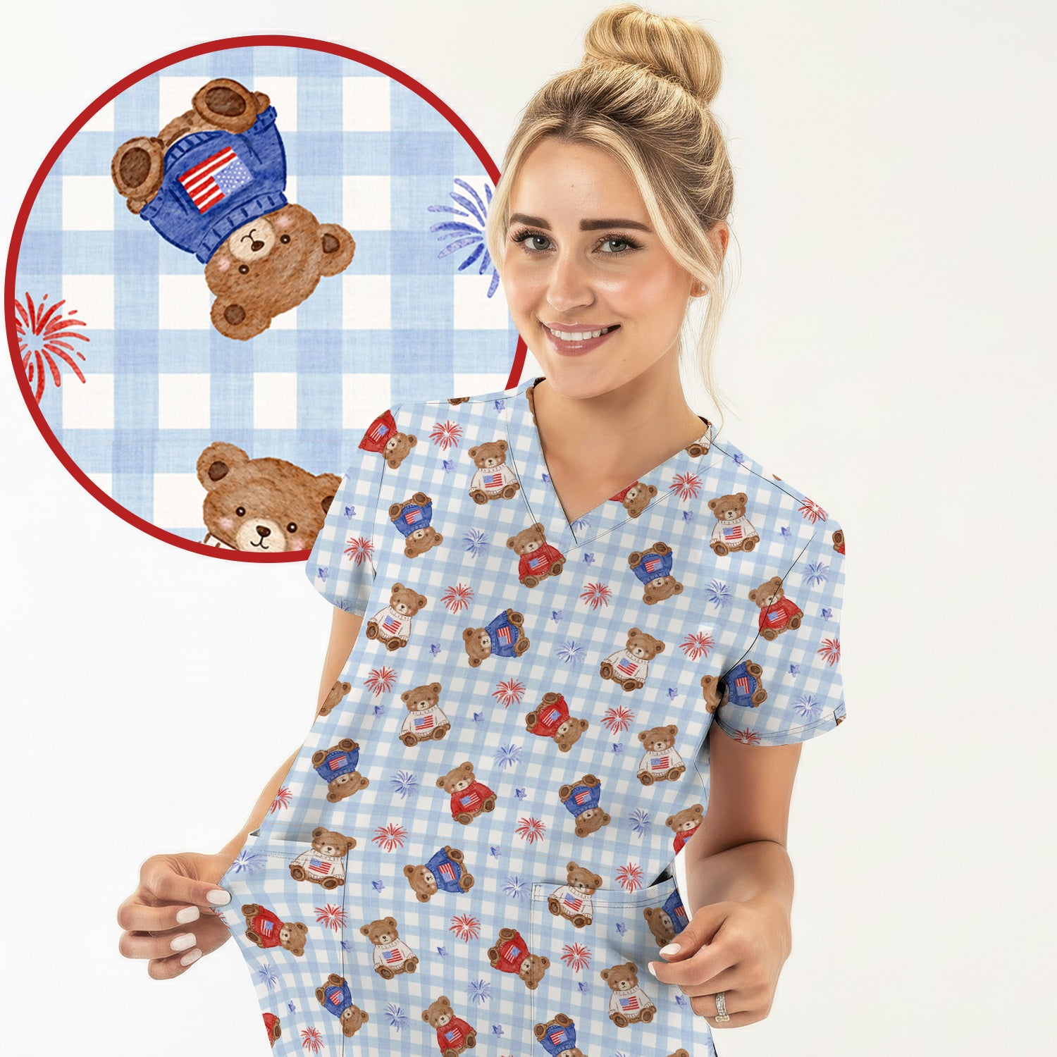 Cute Patriotic Teddy Bear Firework Gingham Pattern Scrub Top, Comfortable Scrubs for Nurses