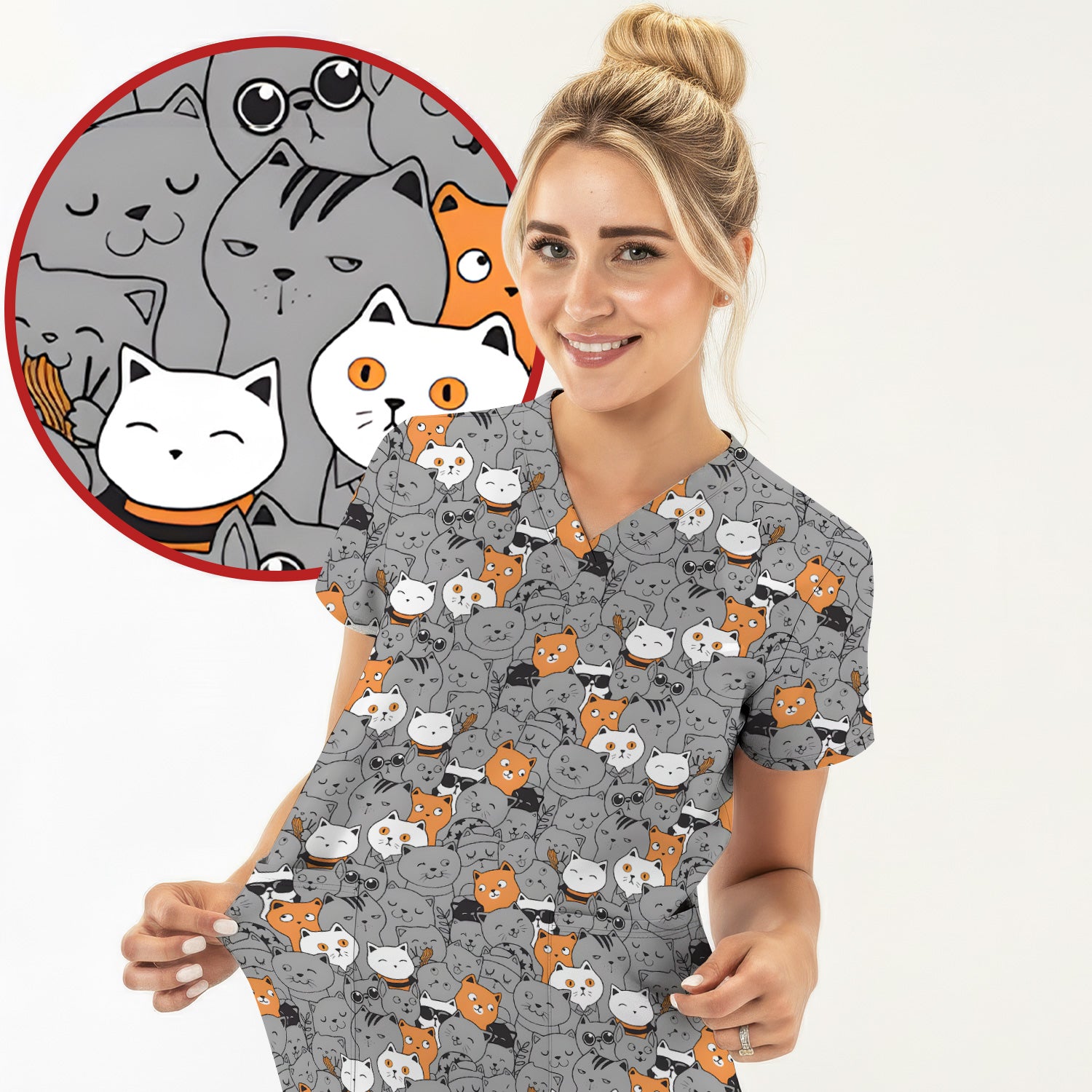 Funny Cats Cute Expressions Pattern Scrubs Top, Comfortable Scrubs for Nurses