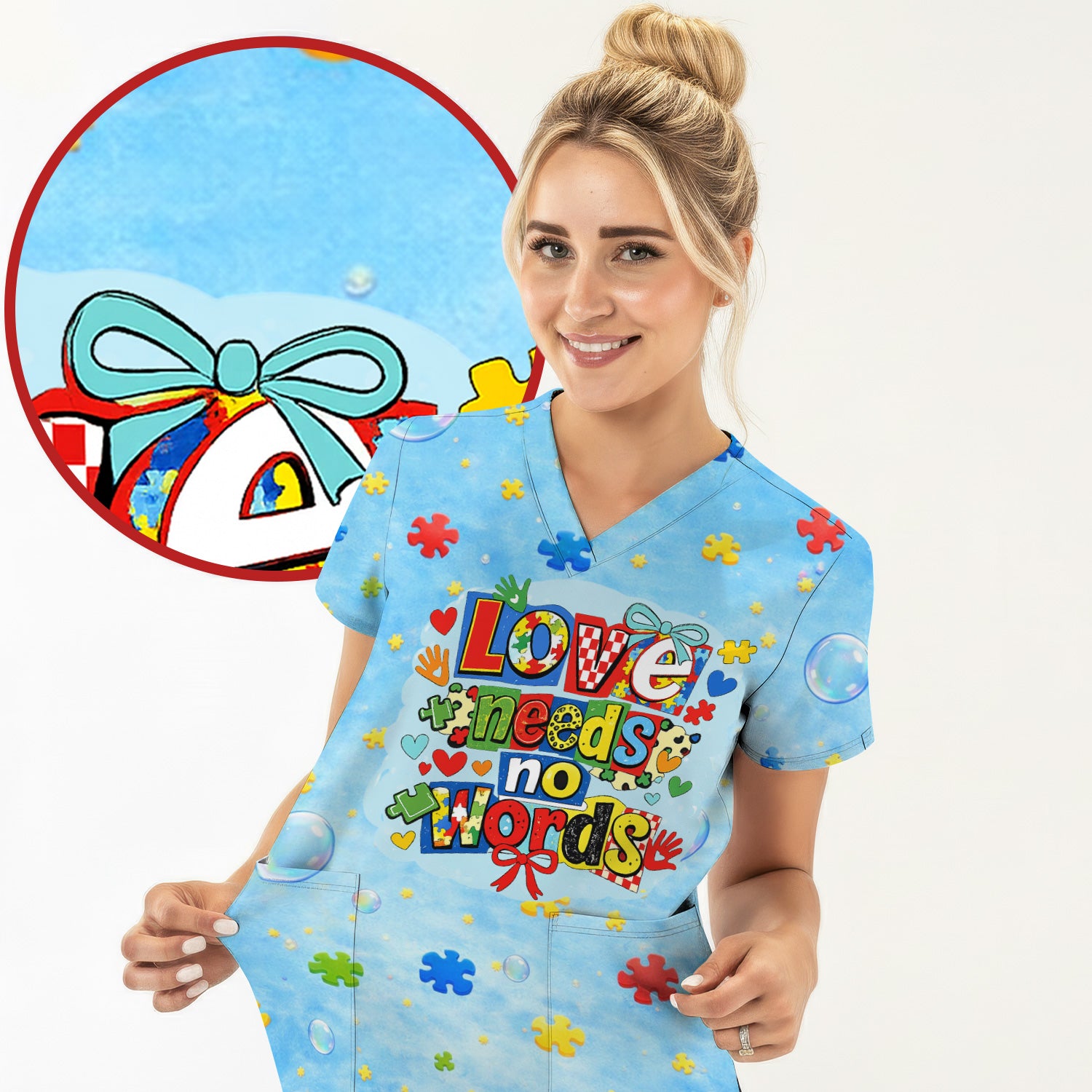 Autism Awareness Nurse Puzzle Love Needs No Words Pattern Scrub Top, Comfortable Scrubs for Nurses
