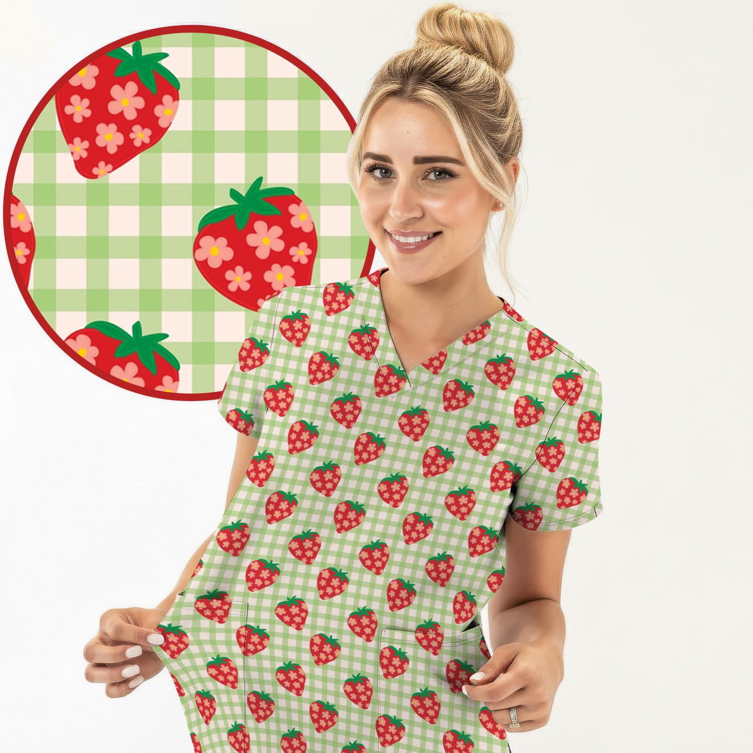 Sweet Strawberry Gingham Print Scrub Top, Comfortable Scrubs for Nurses