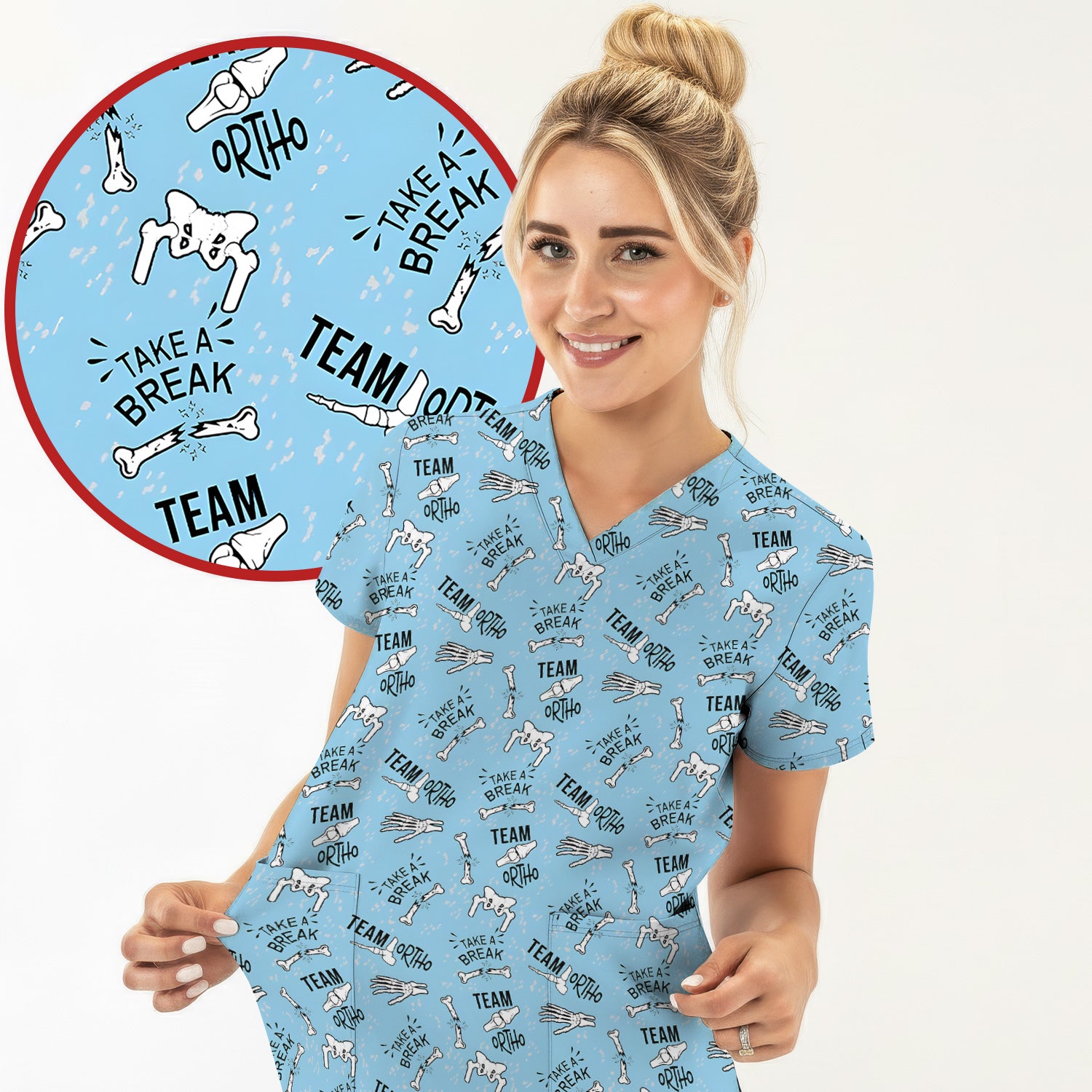 Team Ortho Bone Joint Print Scrub Top, Breathable Fabrics Nursing Uniform