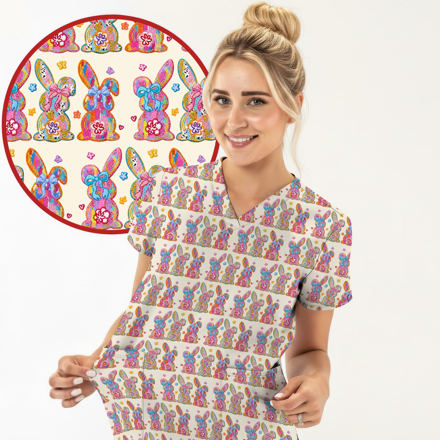 Cute Pastel Bunny Floral Pattern Scrub Top, Comfortable Scrubs for Nurses, Easter