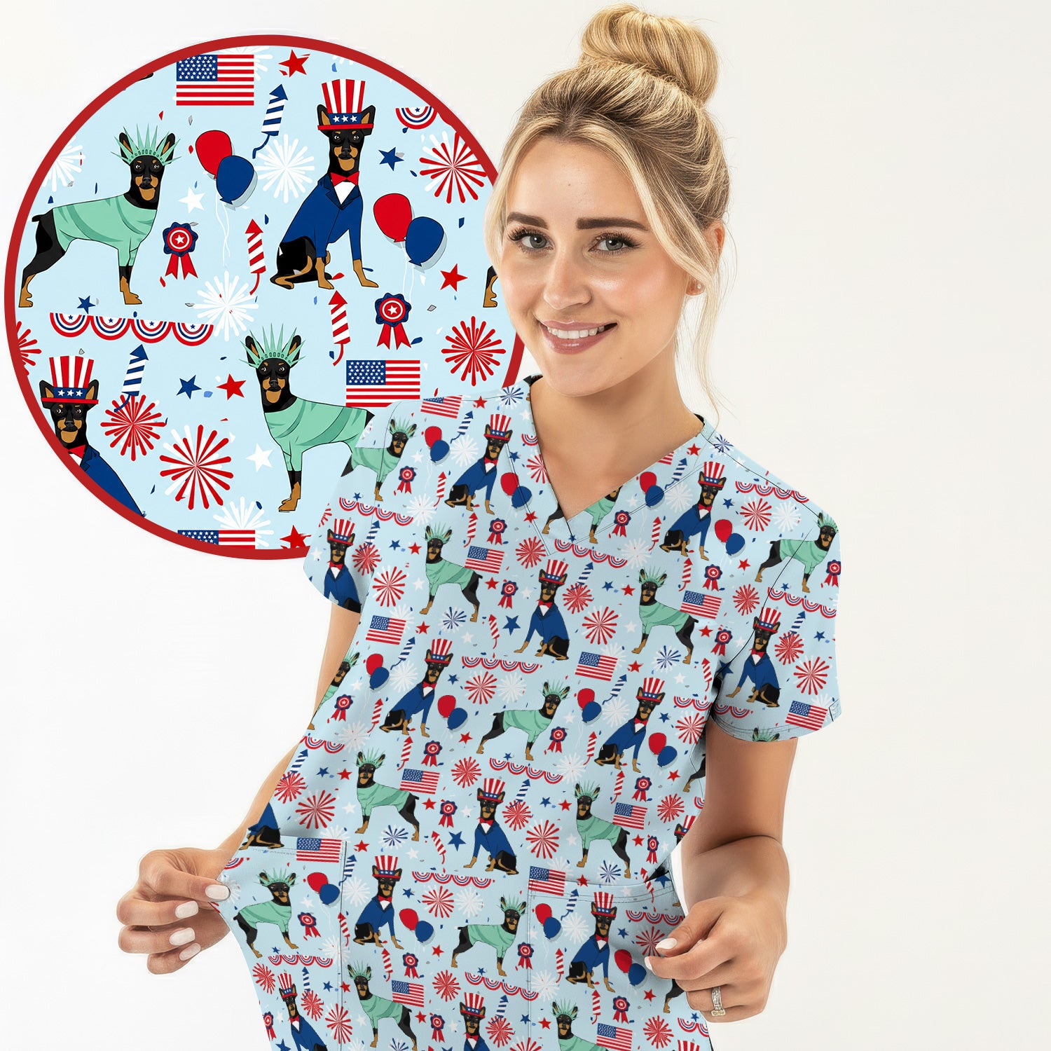 Patriotic Doberman Liberty Fireworks Pattern Scrub Top, Comfortable Scrubs for Nurses