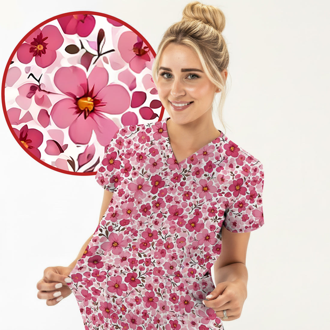 Pink Cherry Blossom Floral Pattern Scrub Top, Comfortable Scrubs for Nurses