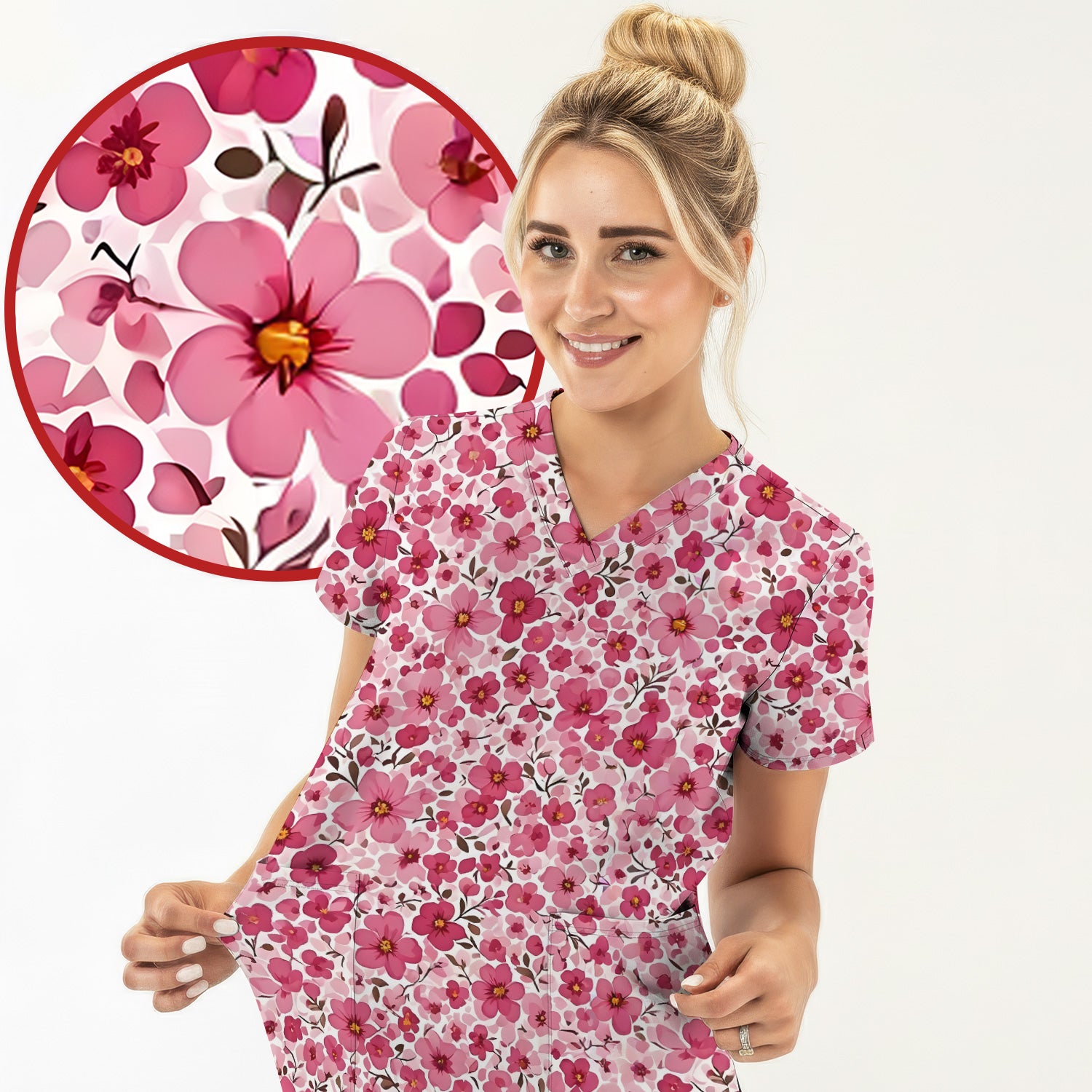 Pink Cherry Blossom Floral Pattern Scrub Top, Comfortable Scrubs for Nurses