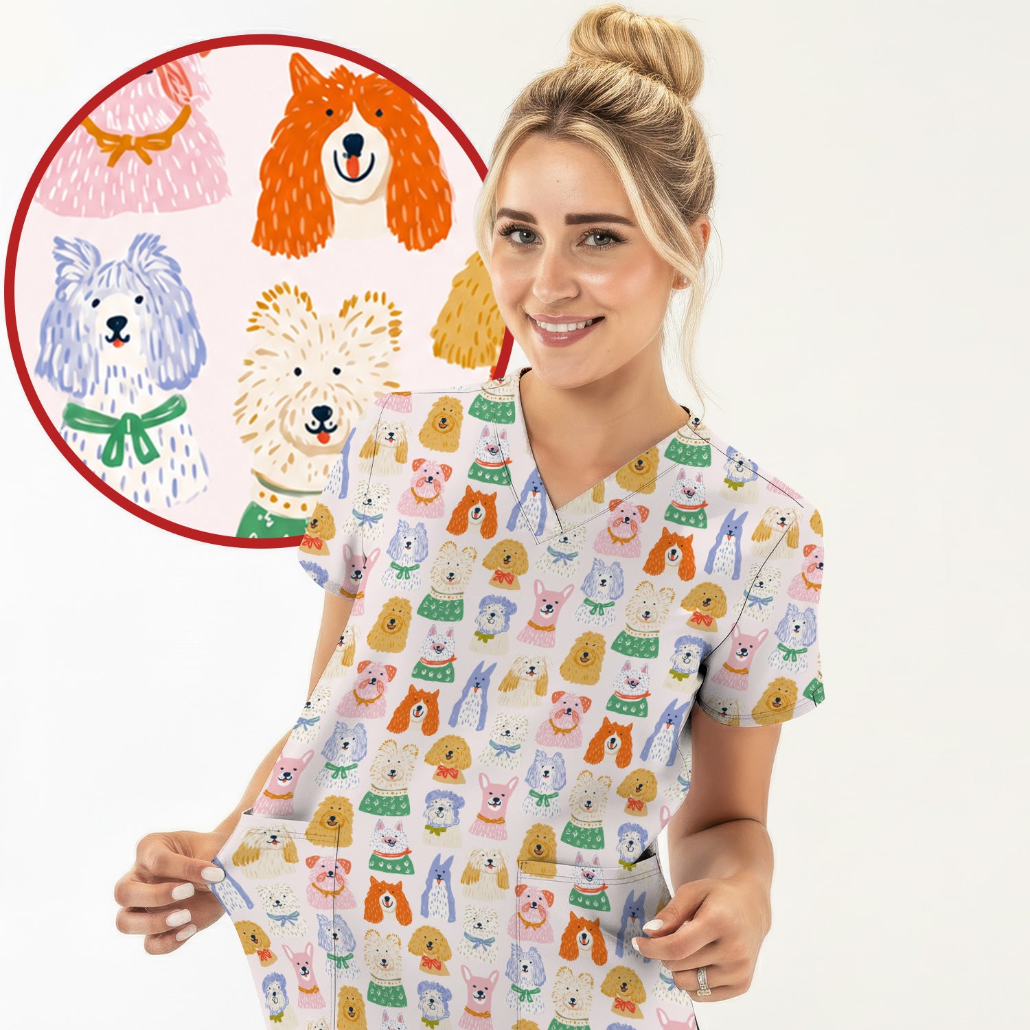 Colorful Dog Faces Cartoon Pattern Scrub Top, Comfortable Scrubs for Nurses