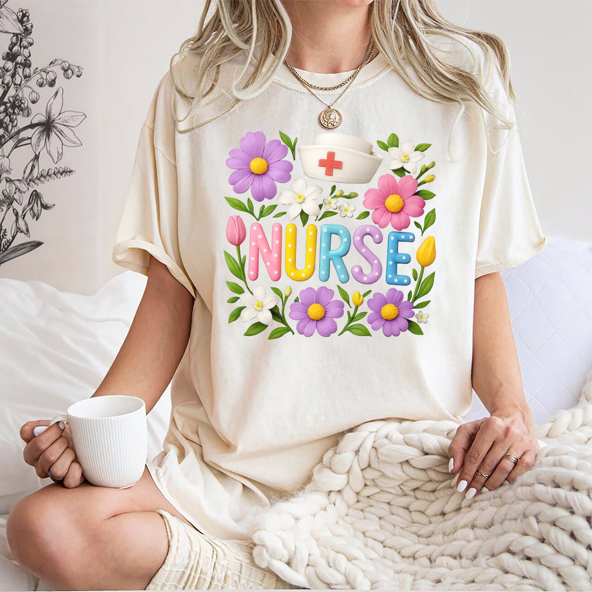 Cute Floral Nurse Shirt for Women – Colorful Spring Design with Hat & Flowers – Appreciation Gift for RN CNA LPN