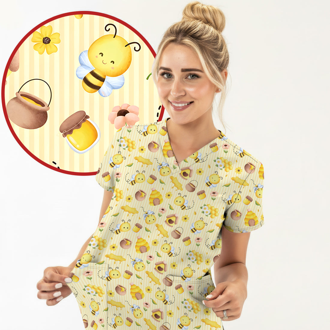Cute Bee Honey Flower Stripe Pattern Scrub Top, Breathable Fabrics Nursing Uniform
