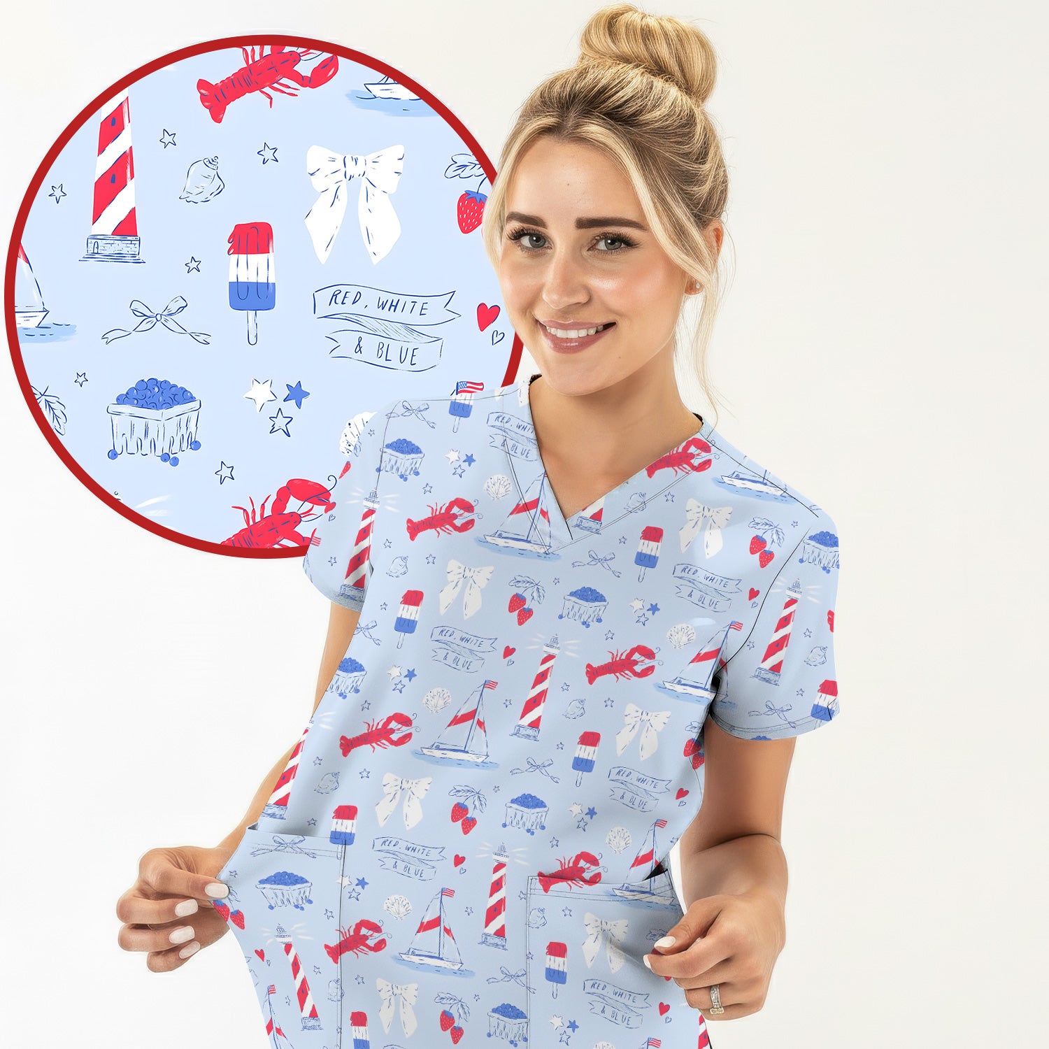 Lobster Lighthouse Sailboat Pattern Scrub Top, Comfortable Scrubs for Nurses