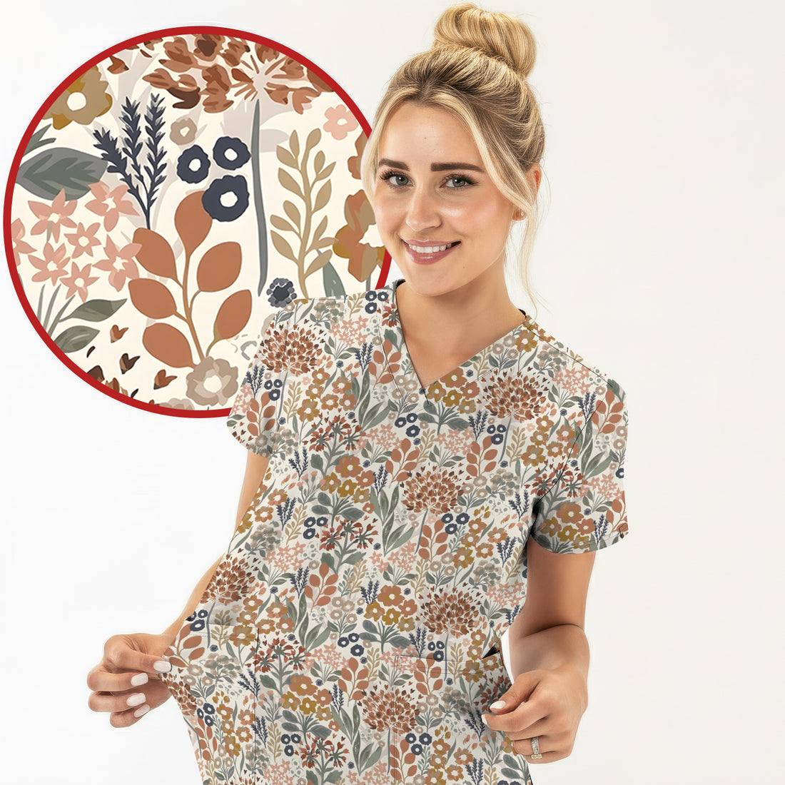 Vintage Botanical Floral Pattern Scrub Top, Breathable Fabrics Nursing Uniform