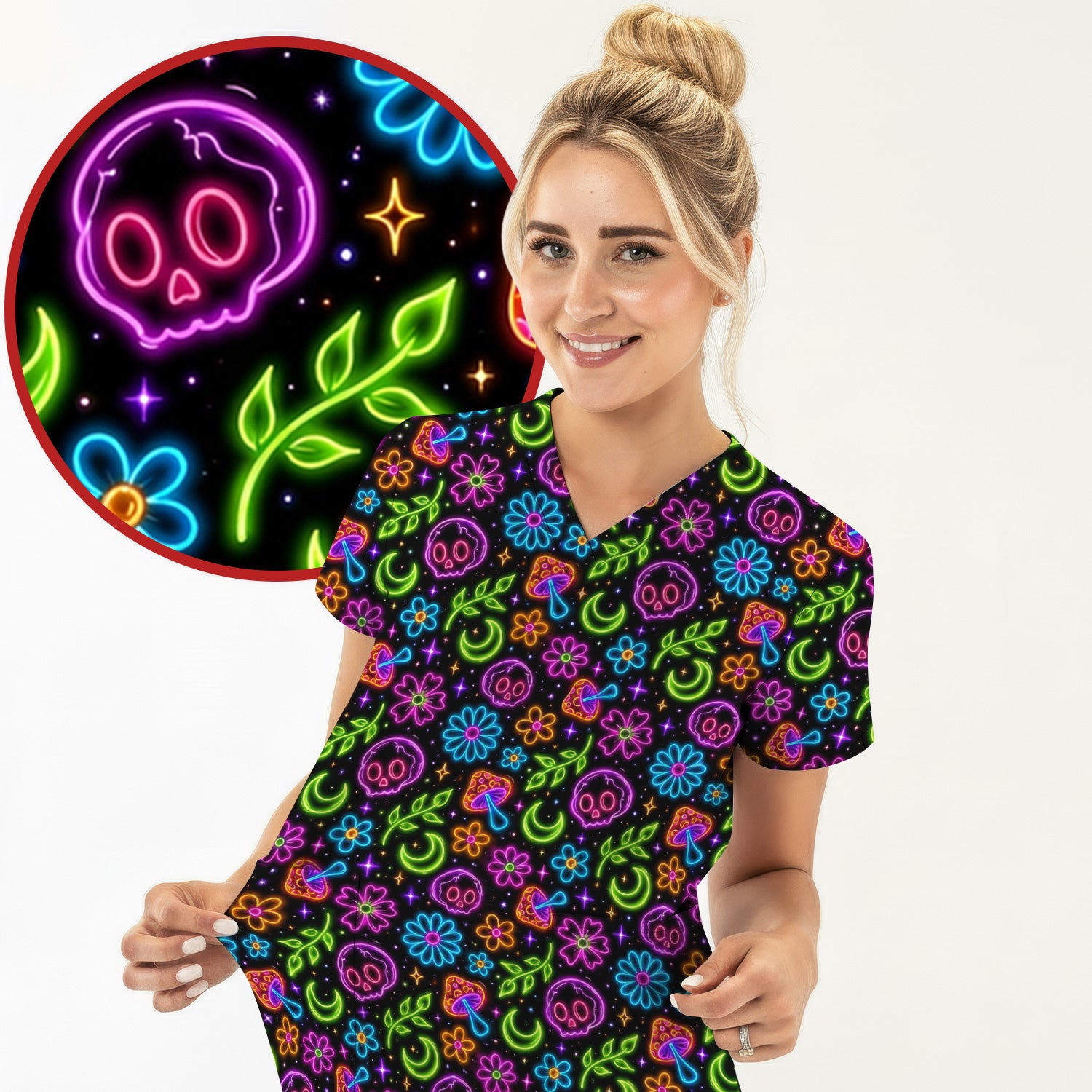 Neon Skull Mushroom Floral Scrub Top, Colorful Gothic Nurse Scrubs Uniform