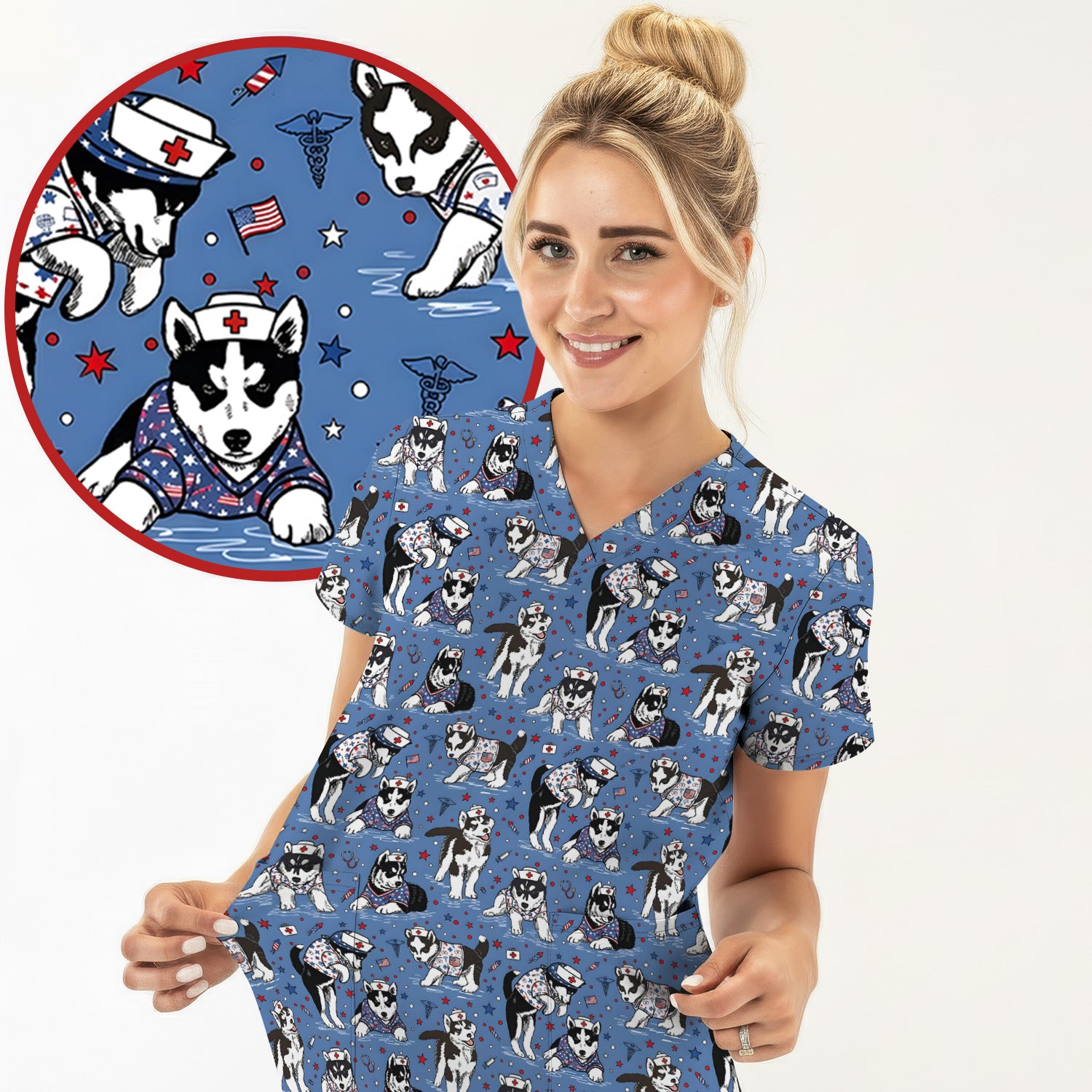 Cute Nurse Husky Dog Medical Pattern Scrub Top, Comfortable Scrubs for Nurses