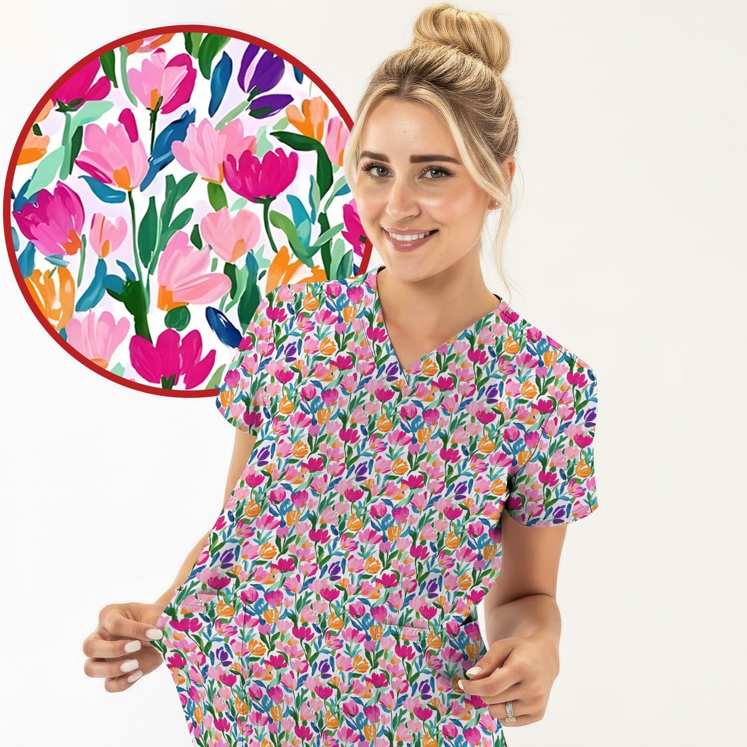 Vibrant Tulip Meadow Pattern Scrub Top, Breathable Fabrics Nursing Uniform
