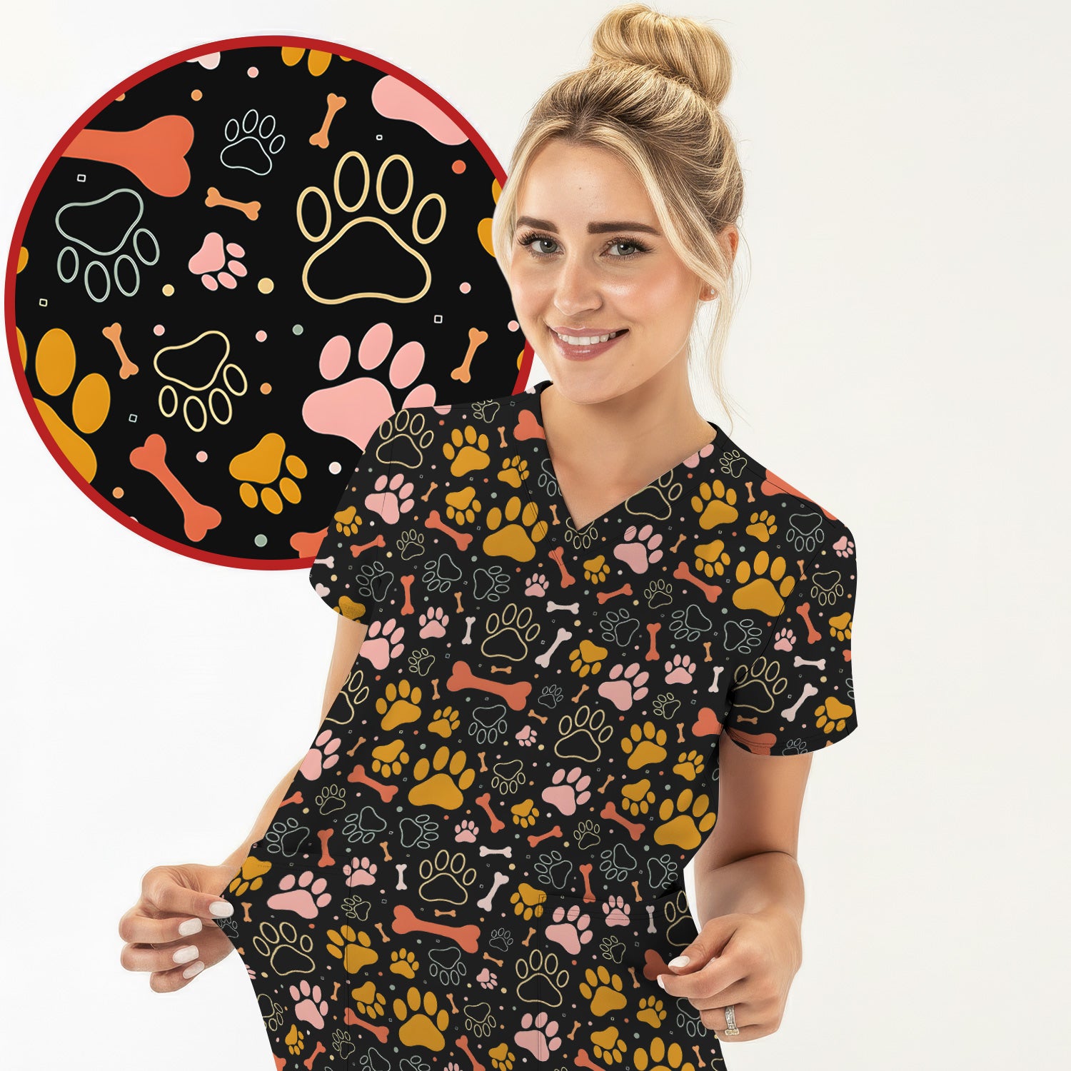 Cute Paw Print Dog Pattern Scrub Top, Comfortable Scrubs for Nurses