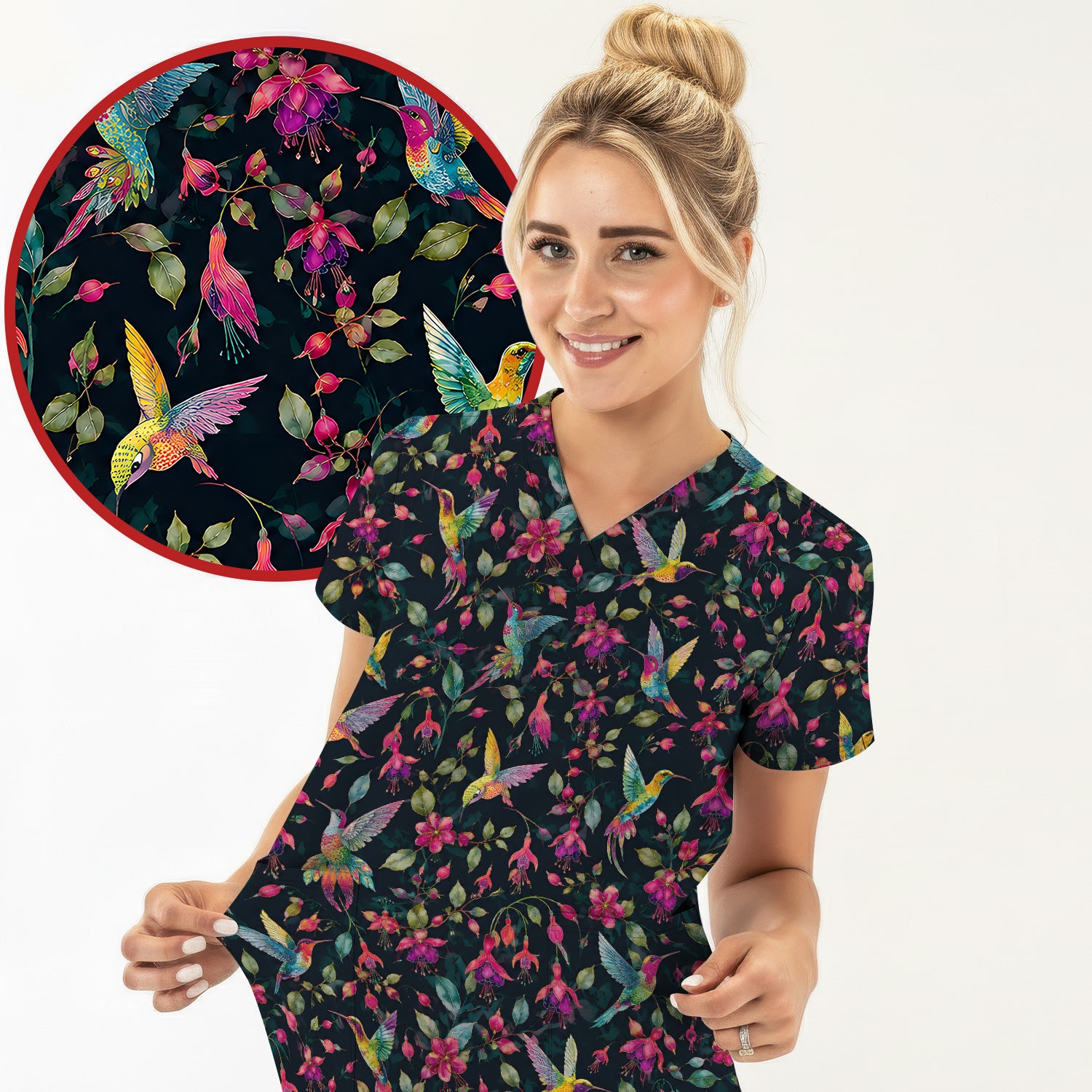 Hummingbird Fuchsia Bloom Pattern Scrub Top, Comfortable Scrubs for Nurses