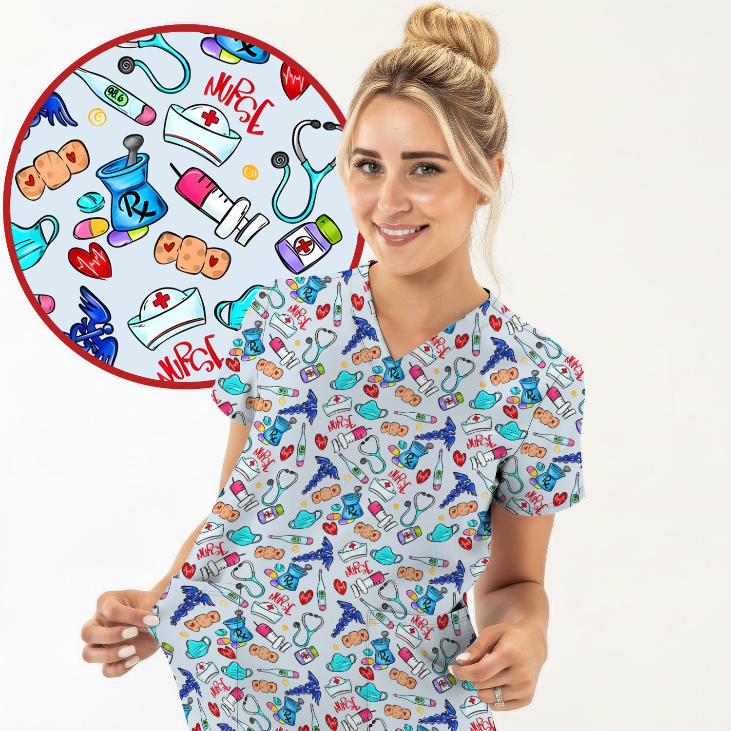 Nurse Medical Icons Stethoscope Heart Pattern Scrub Top, Comfortable Scrubs for Nurses