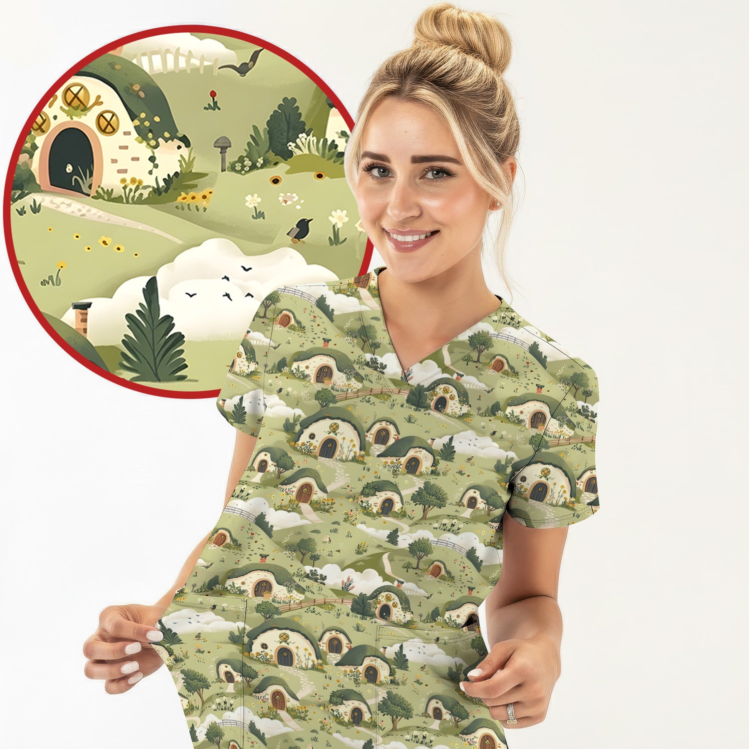 Cozy Hobbit Village Landscape Pattern Scrub Top, Comfortable Scrubs for Nurses