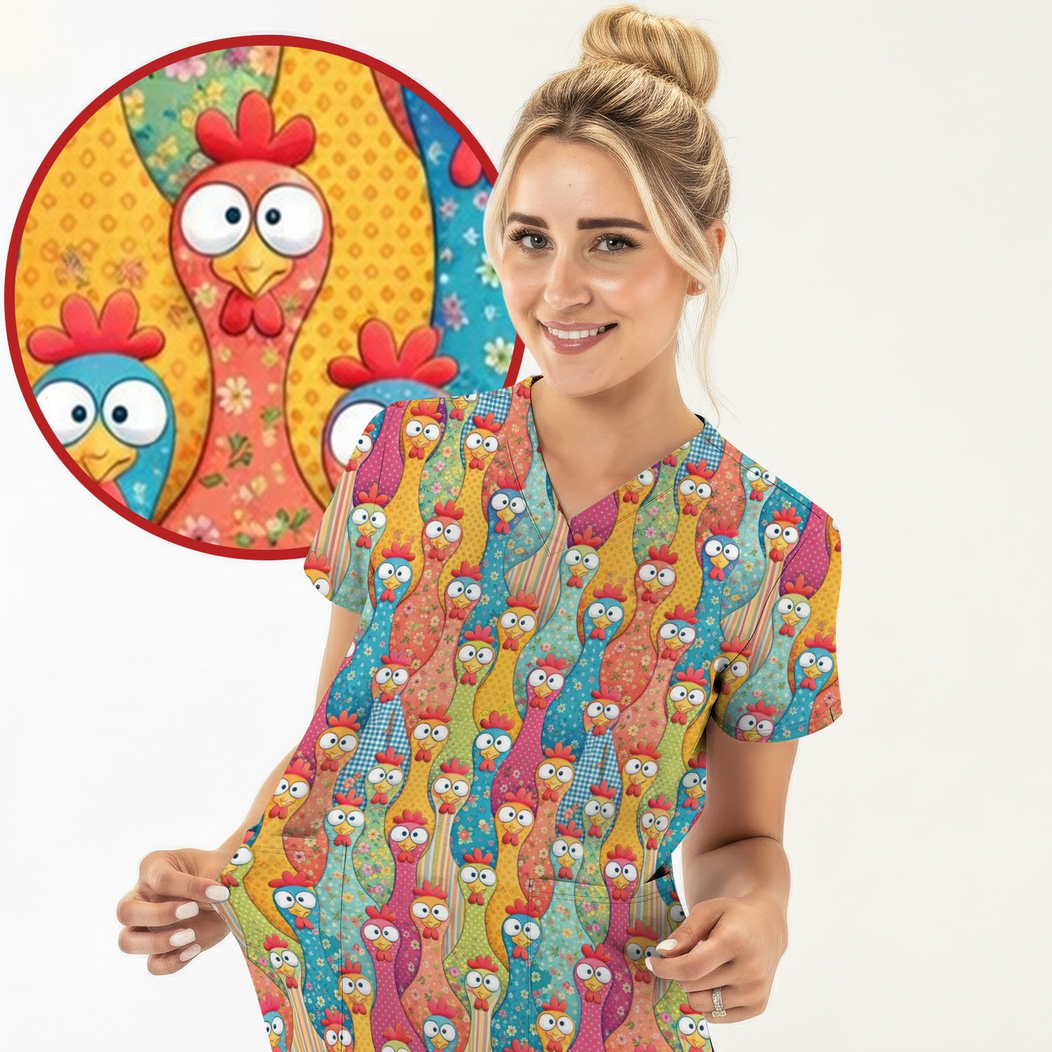 Funny Farm Chicken Cartoon Pattern Scrub Top, Comfortable Scrubs for Nurses