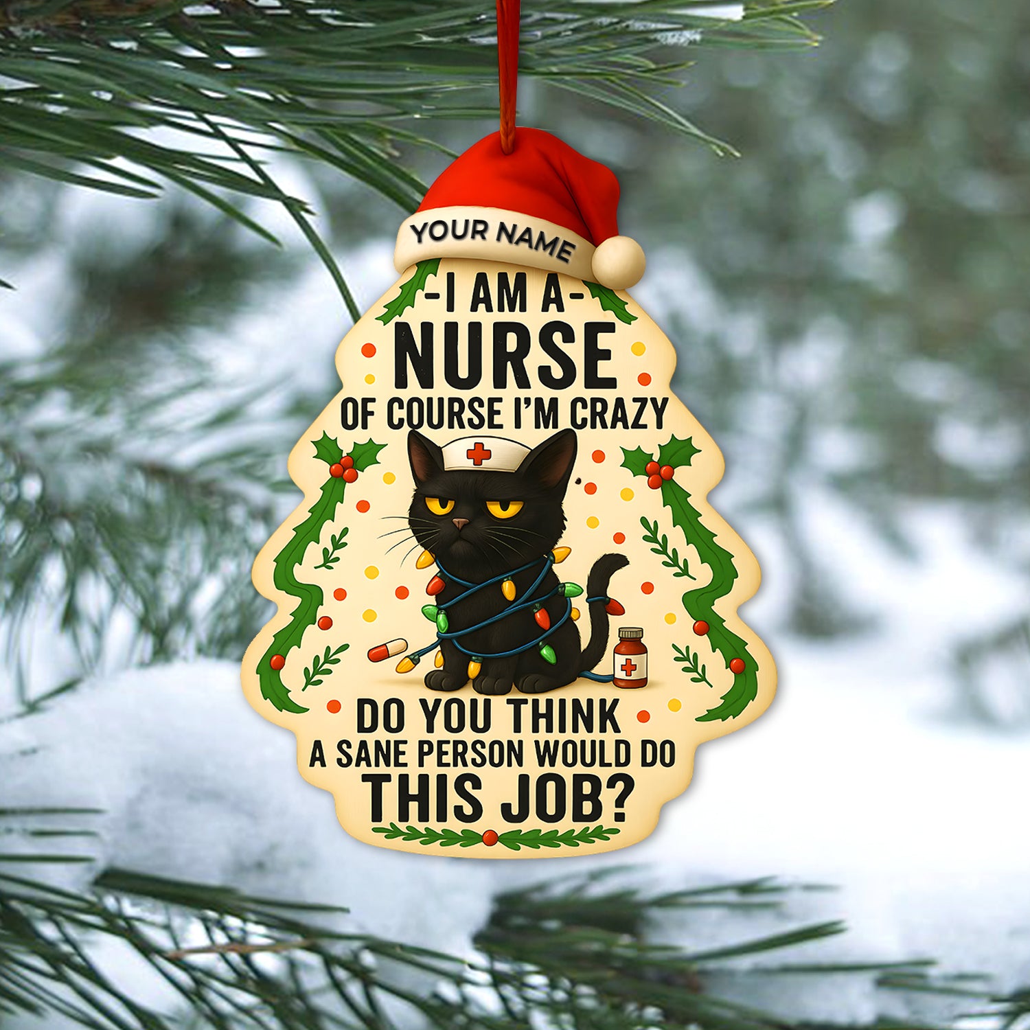 Personalized Nurse Black Cat Christmas Ornament, Holiday Decoration, Custom Name Nurse Gift for CNA RN LPN