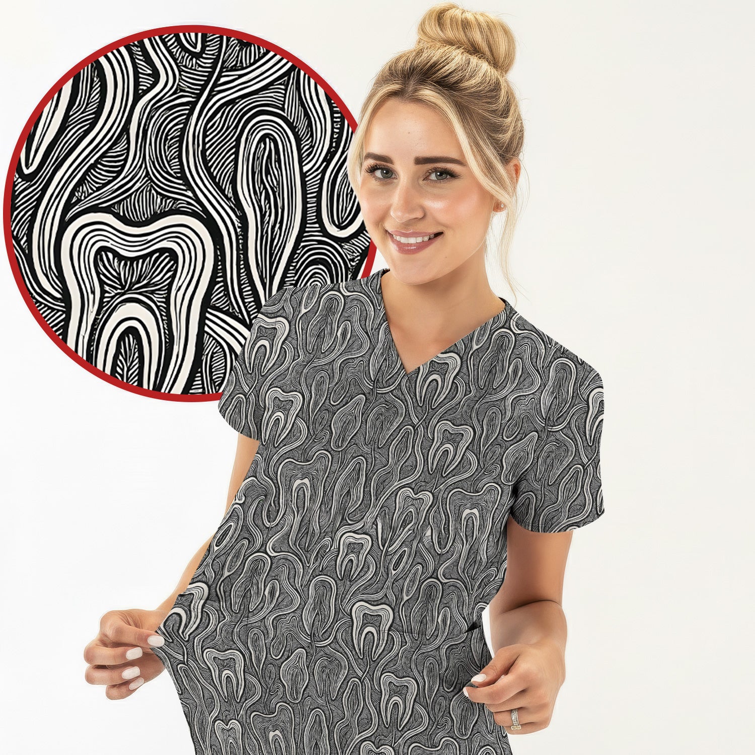 Dental Tooth Line Art Pattern Scrub Top, Breathable Fabrics Nursing Uniform