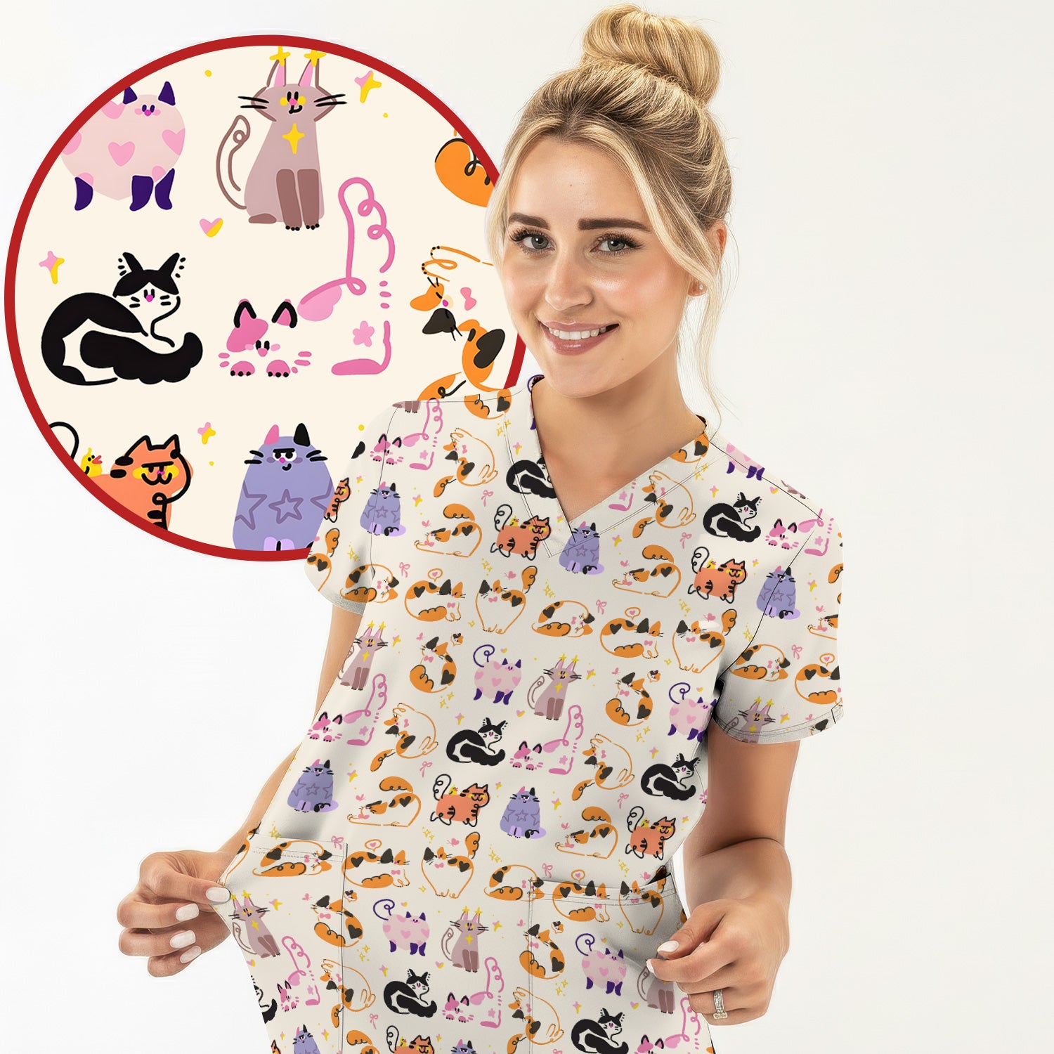 Funny Cat Pattern Scrub Top, Cute Cats Nursing Uniform For Women