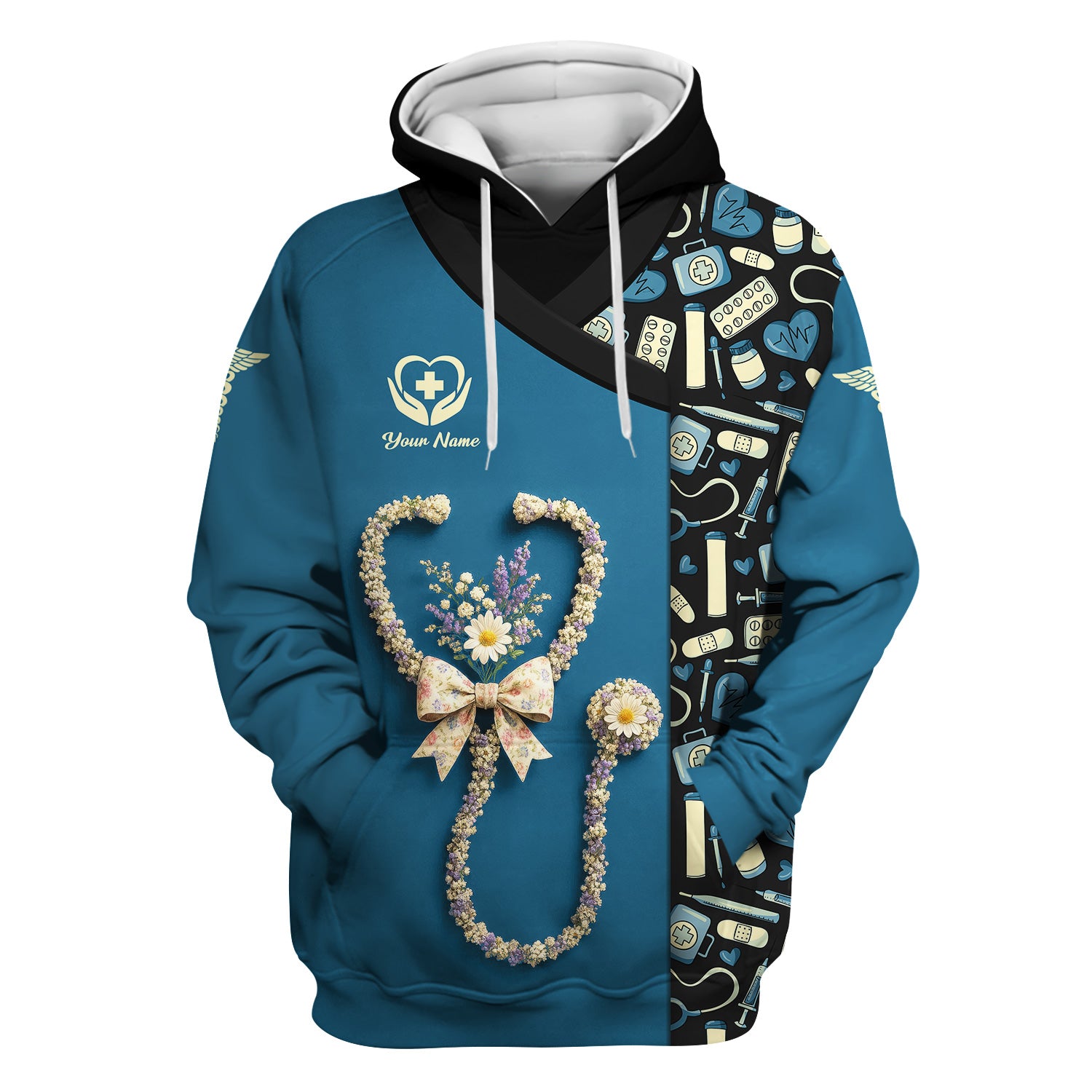 Colorful Nurse Scrubs for Women RN CNA LPN - Inspirational Floral Stethoscope Top with Heart Design - Gift for Healthcare Workers with Custom Name