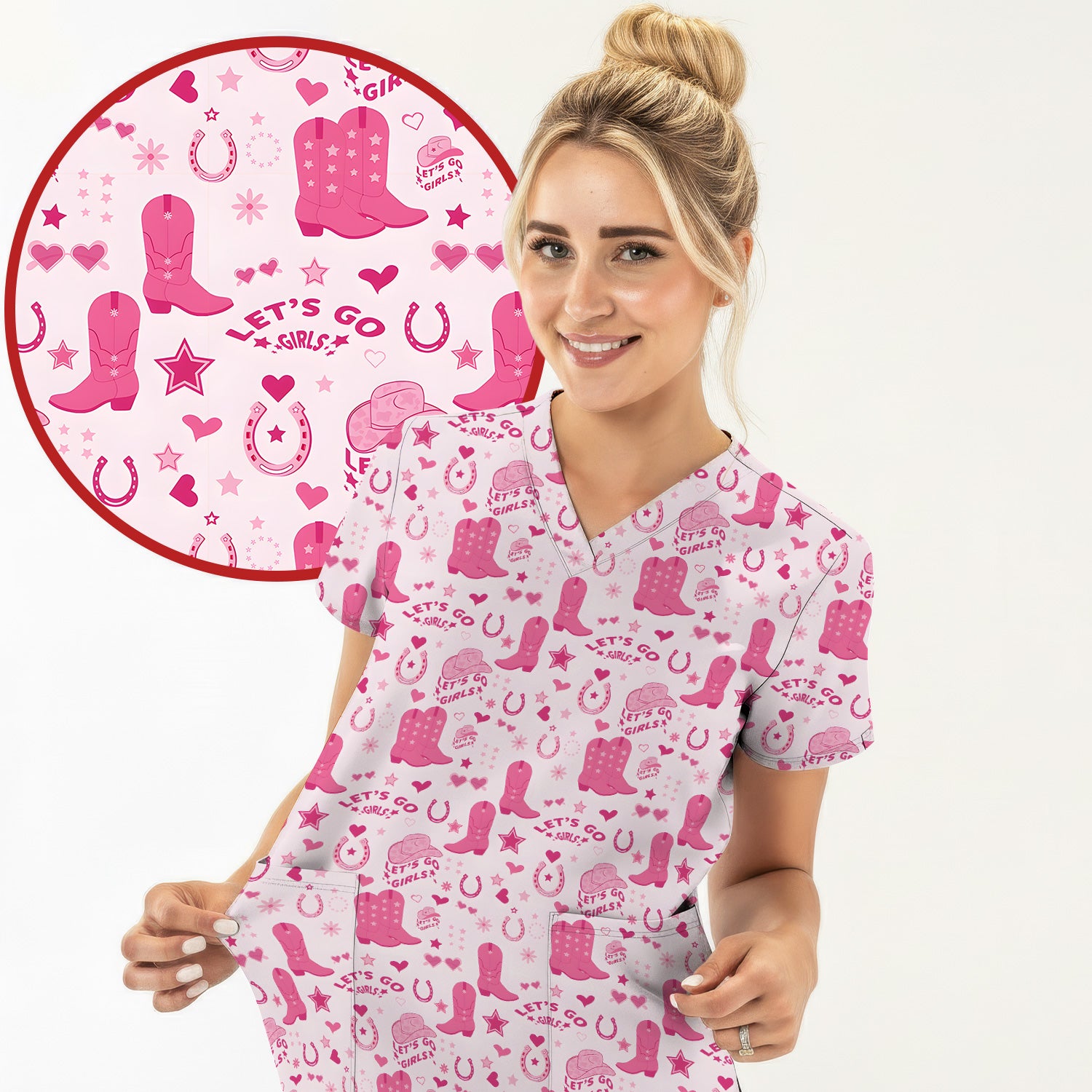 Pink Cowgirl Boots Print Scrub Top, Comfortable Scrubs for Nurses