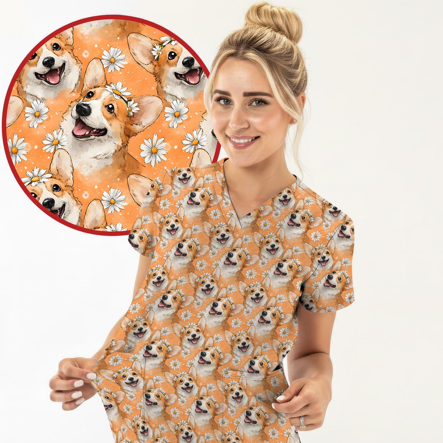 Happy Corgi Daisy Floral Pattern Orange Scrub Set,  Breathable Med Uniform