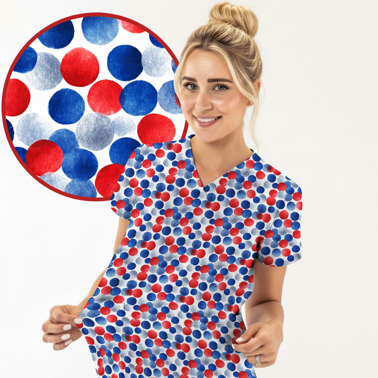 4th of July Patriotic Polka Dot Scrub Top, Red White Blue Nurse Uniform