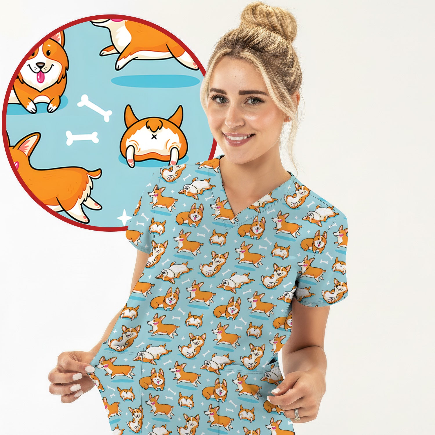 Corgi Dog Playing Rolling Bone Pattern Scrub Top, Breathable Fabrics Nursing Uniform